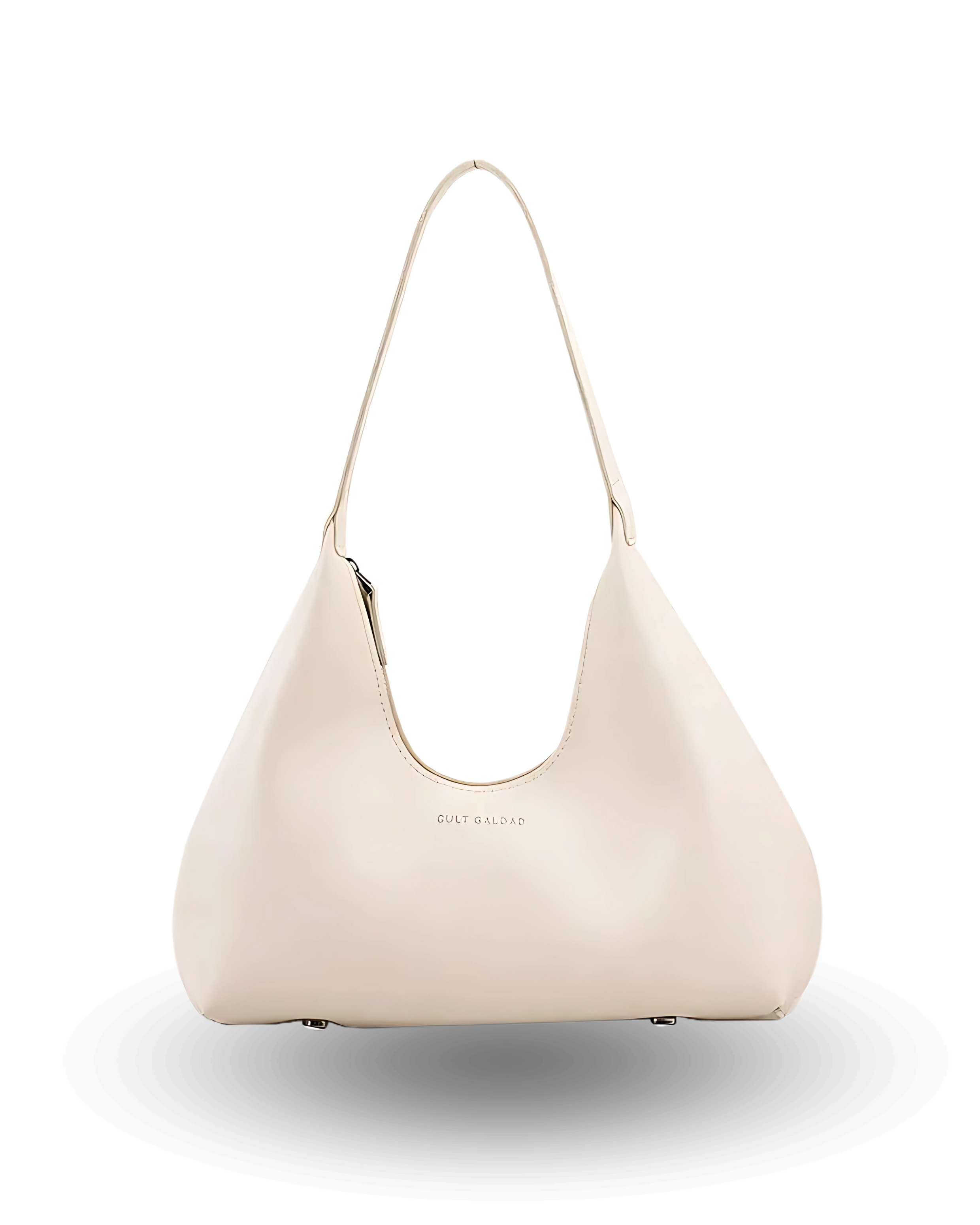 White crescent-shaped shoulder bag with single strap, minimalist design, and smooth vegan leather finish