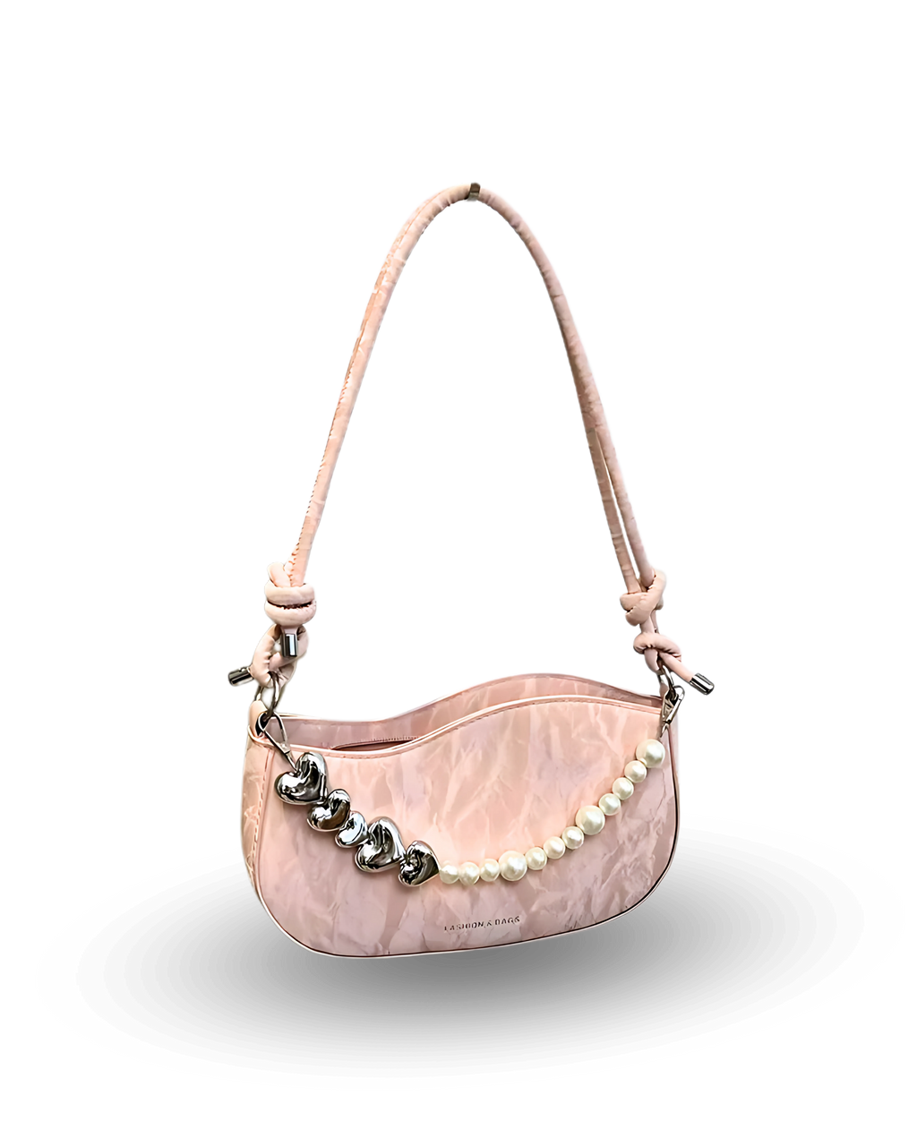 Chic pink camo-textured shoulder bag with glossy finish, pearl and silver heart chain accent, and adjustable strap — stylish Y2K-inspired handbag for day-to-night looks