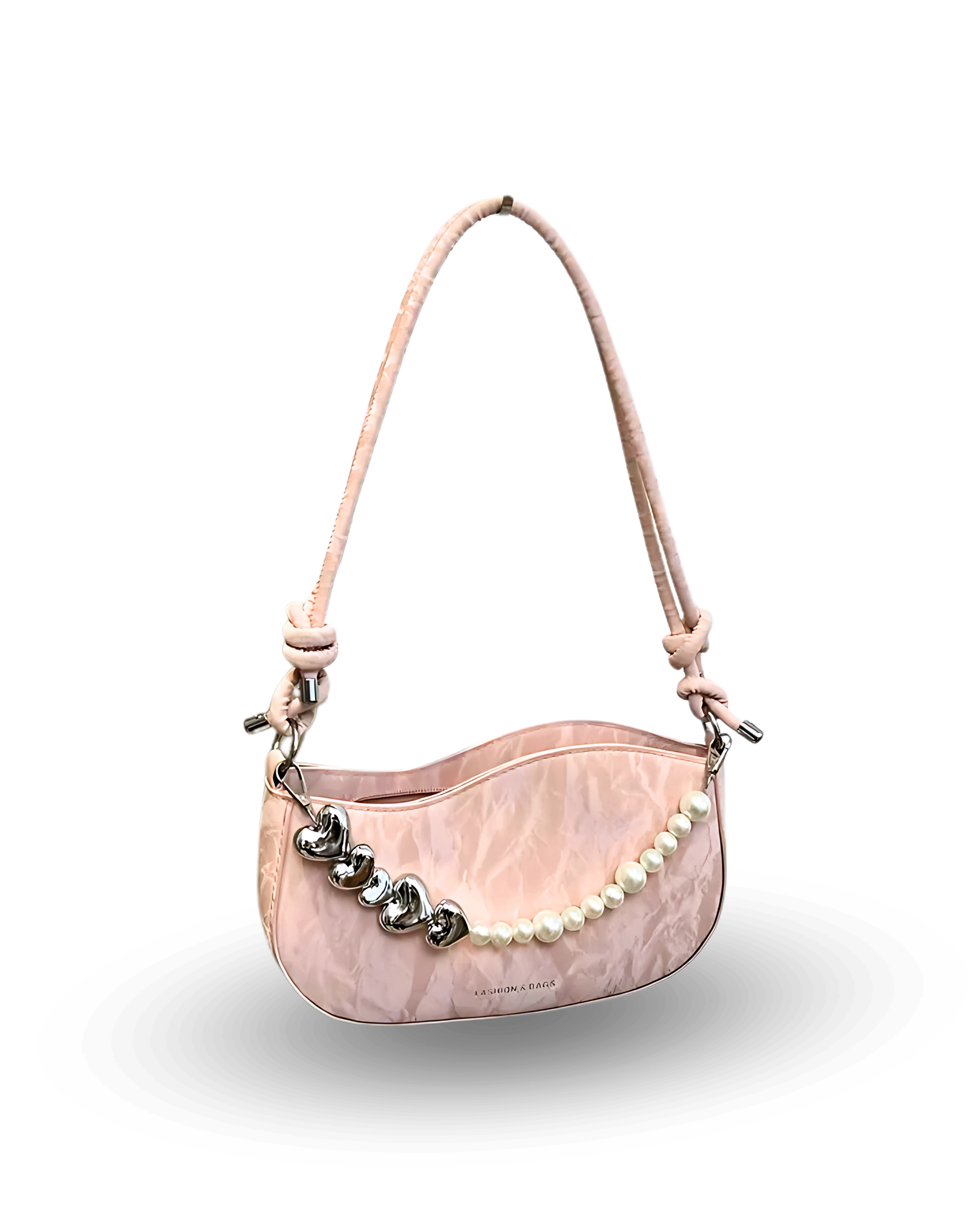 Chic pink camo-textured shoulder bag with glossy finish, pearl and silver heart chain accent, and adjustable strap — stylish Y2K-inspired handbag for day-to-night looks