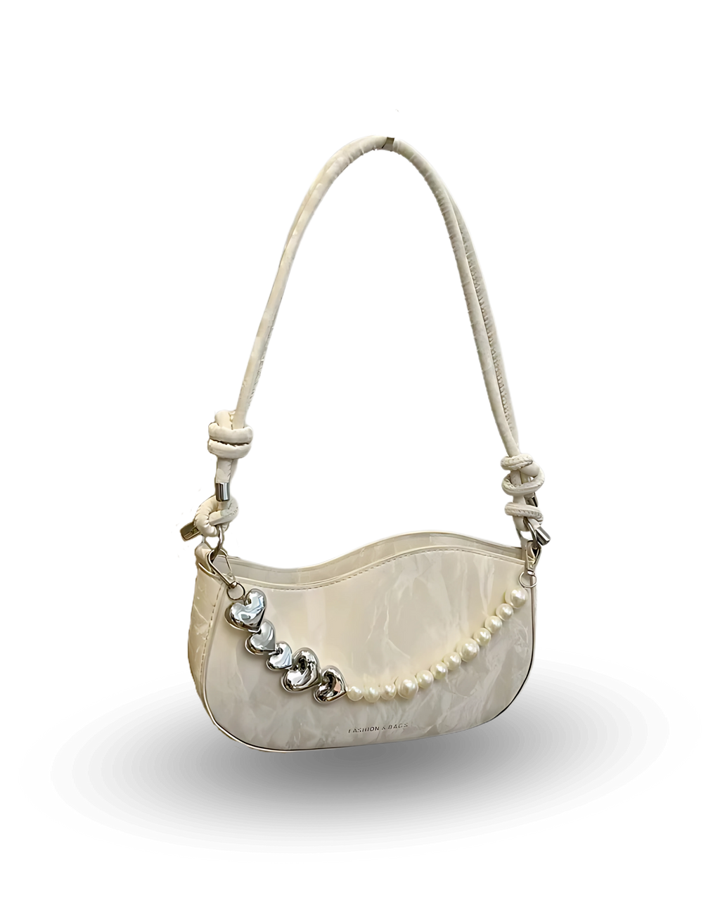 Chic beige quilted shoulder bag with double knotted handles, detachable crossbody strap, and pearl chain accent.