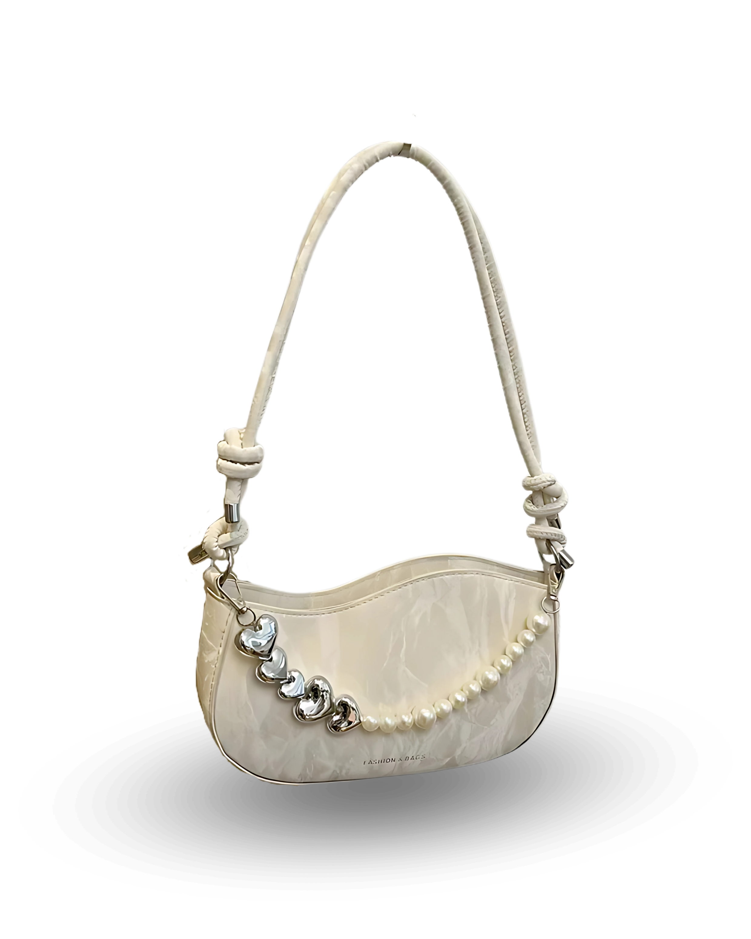 Chic beige quilted shoulder bag with double knotted handles, detachable crossbody strap, and pearl chain accent.