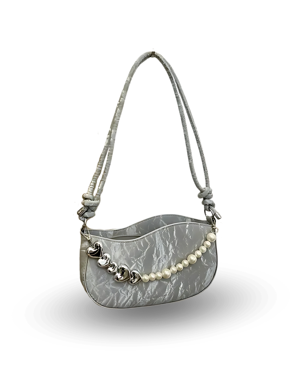 Trendy gray camo-style shoulder bag with glossy finish, pearl and silver heart chain detail, and adjustable strap.