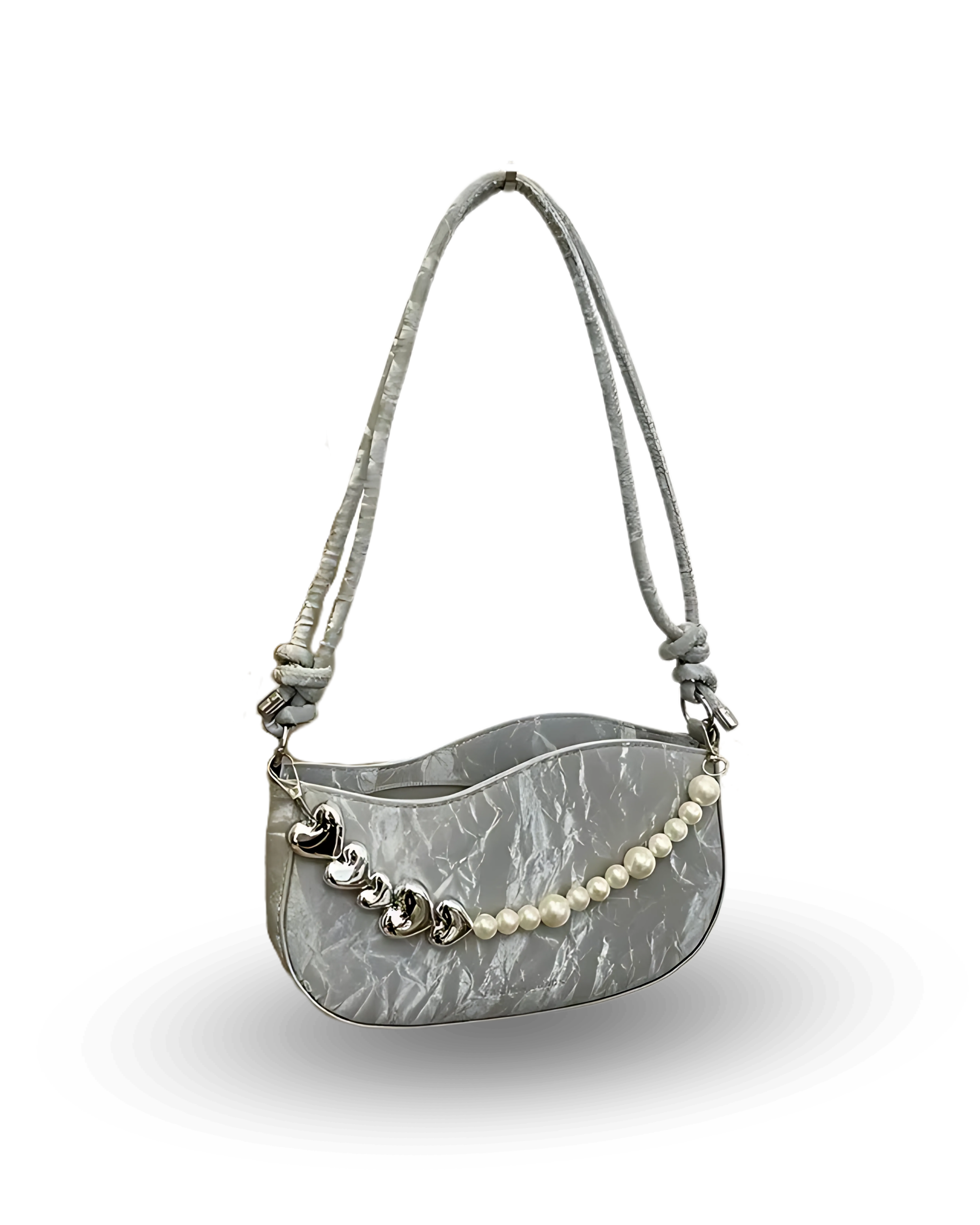 Trendy gray camo-style shoulder bag with glossy finish, pearl and silver heart chain detail, and adjustable strap.