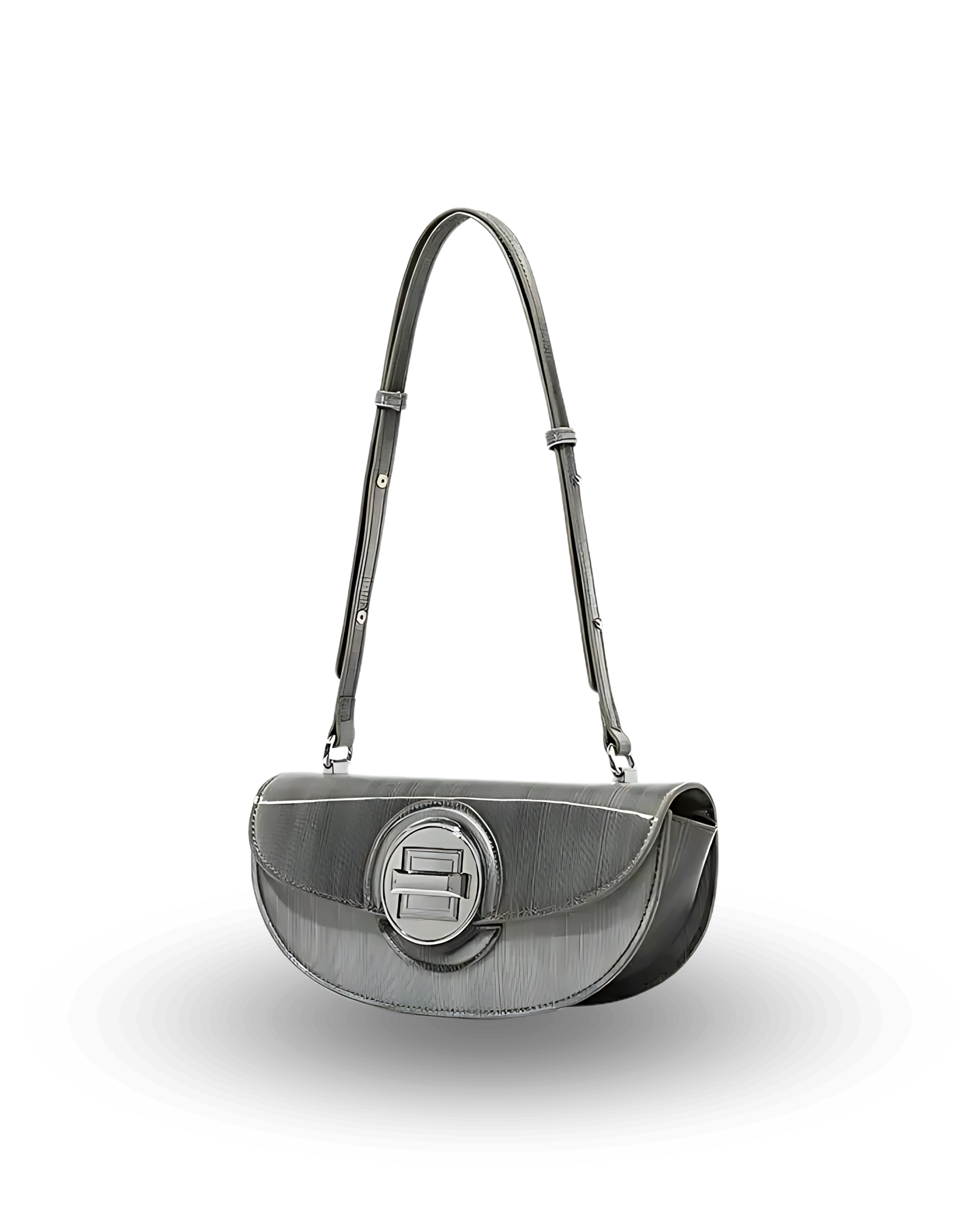 Silver handbag with a circular emblem on a white background