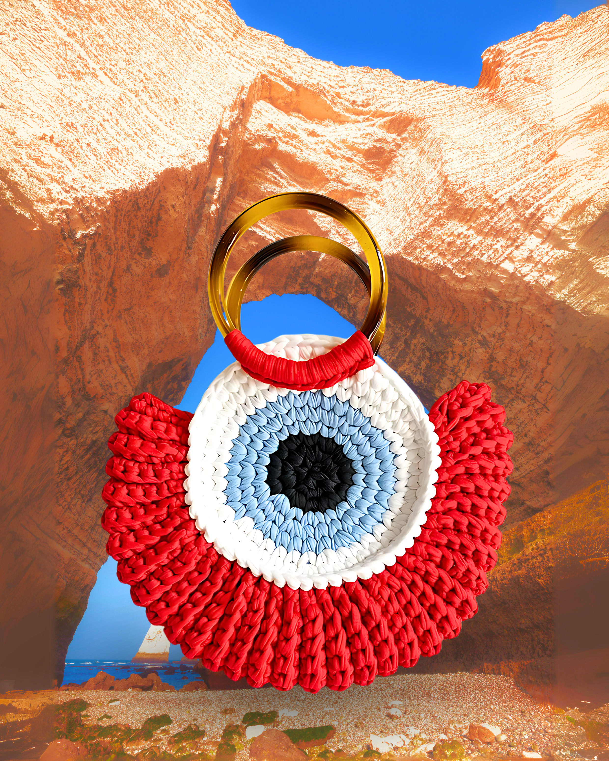 Round woven crochet handbag with layered fan-shaped black edges, evil eye design, and dual circular resin handles. red color eye