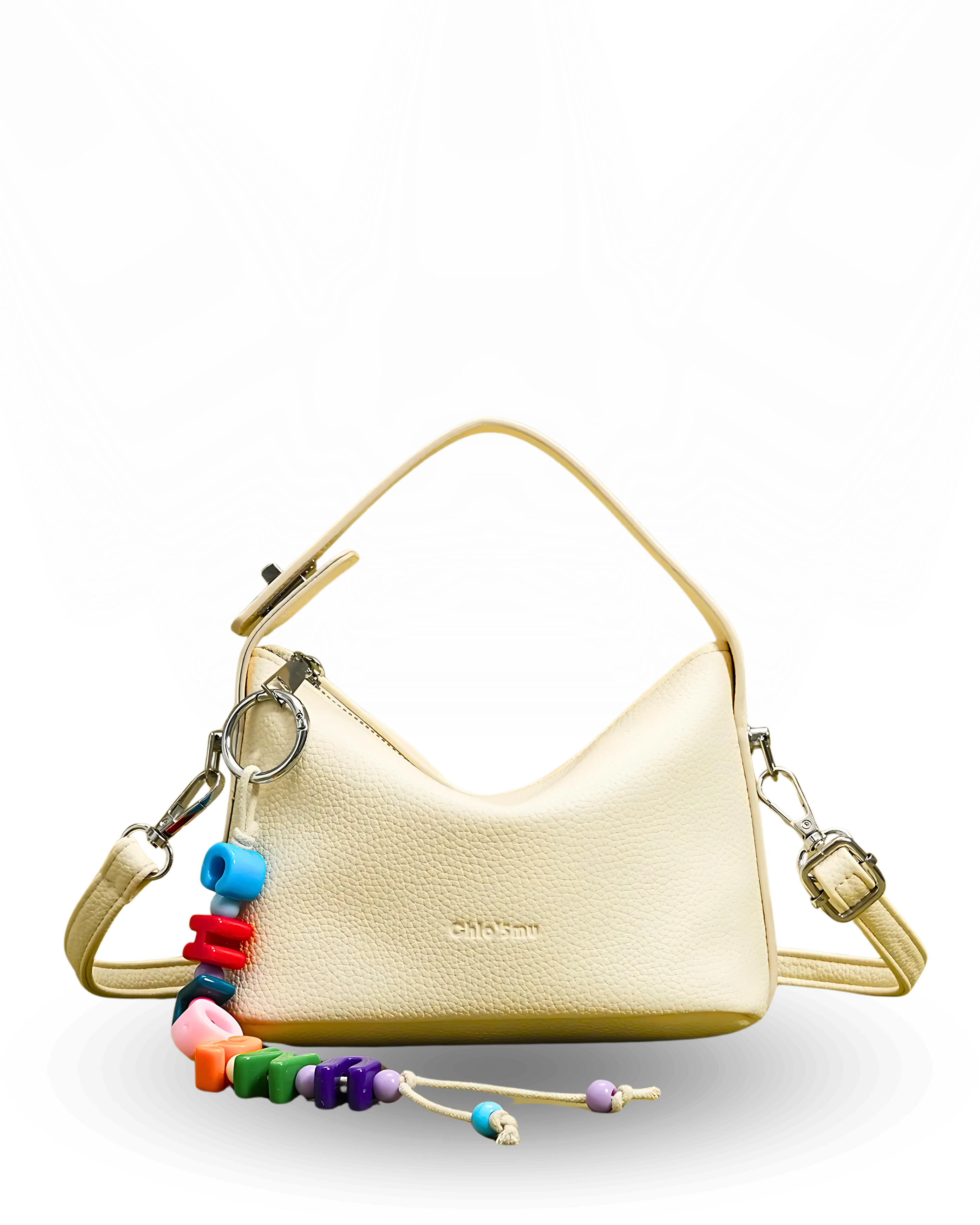 Gold handbag with colorful beaded strap on a white background