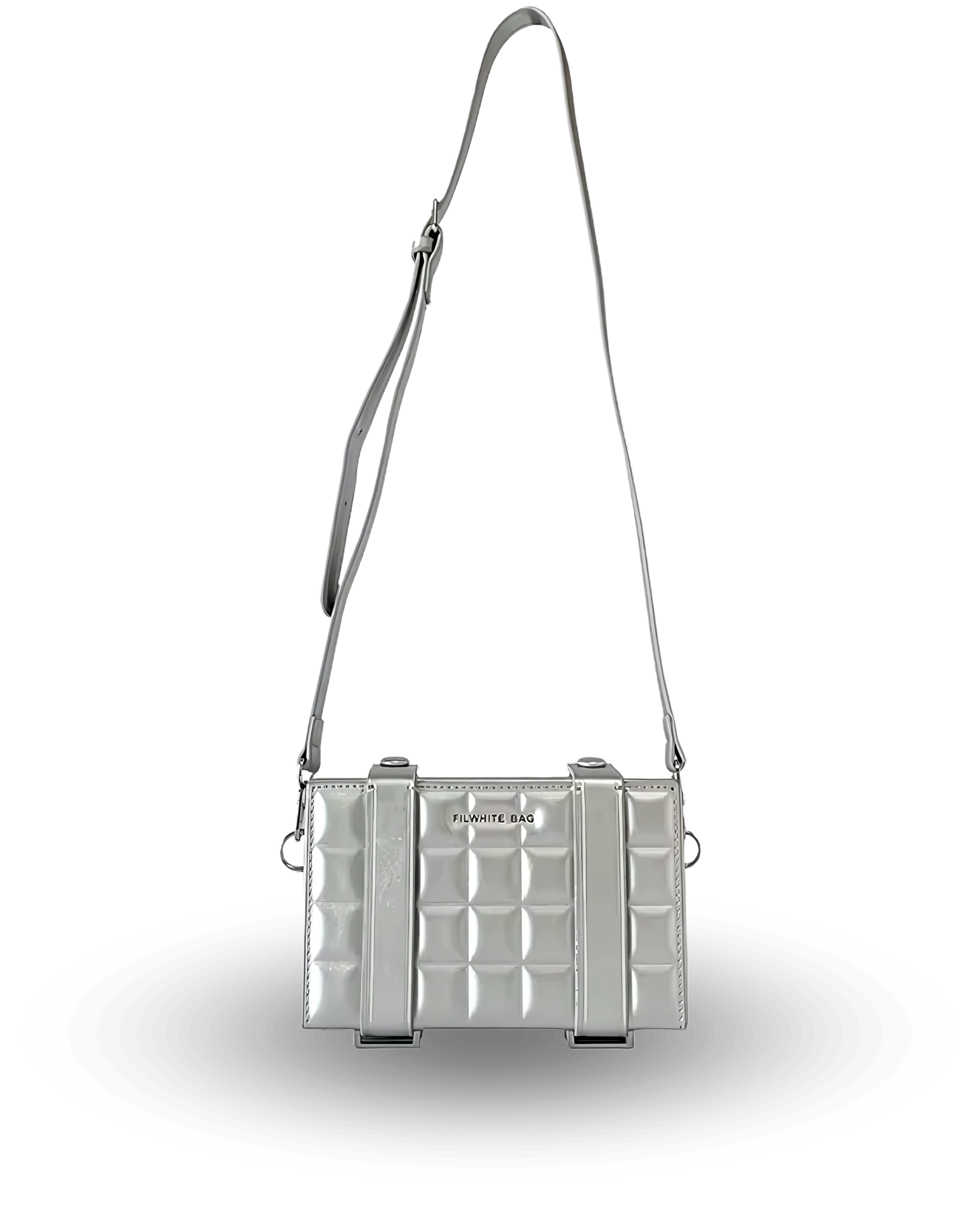 Modern silver crossbody handbag with rectangular box shape, quilted geometric pattern, adjustable shoulder strap, and structured design — fashionable purse for everyday or evening wear