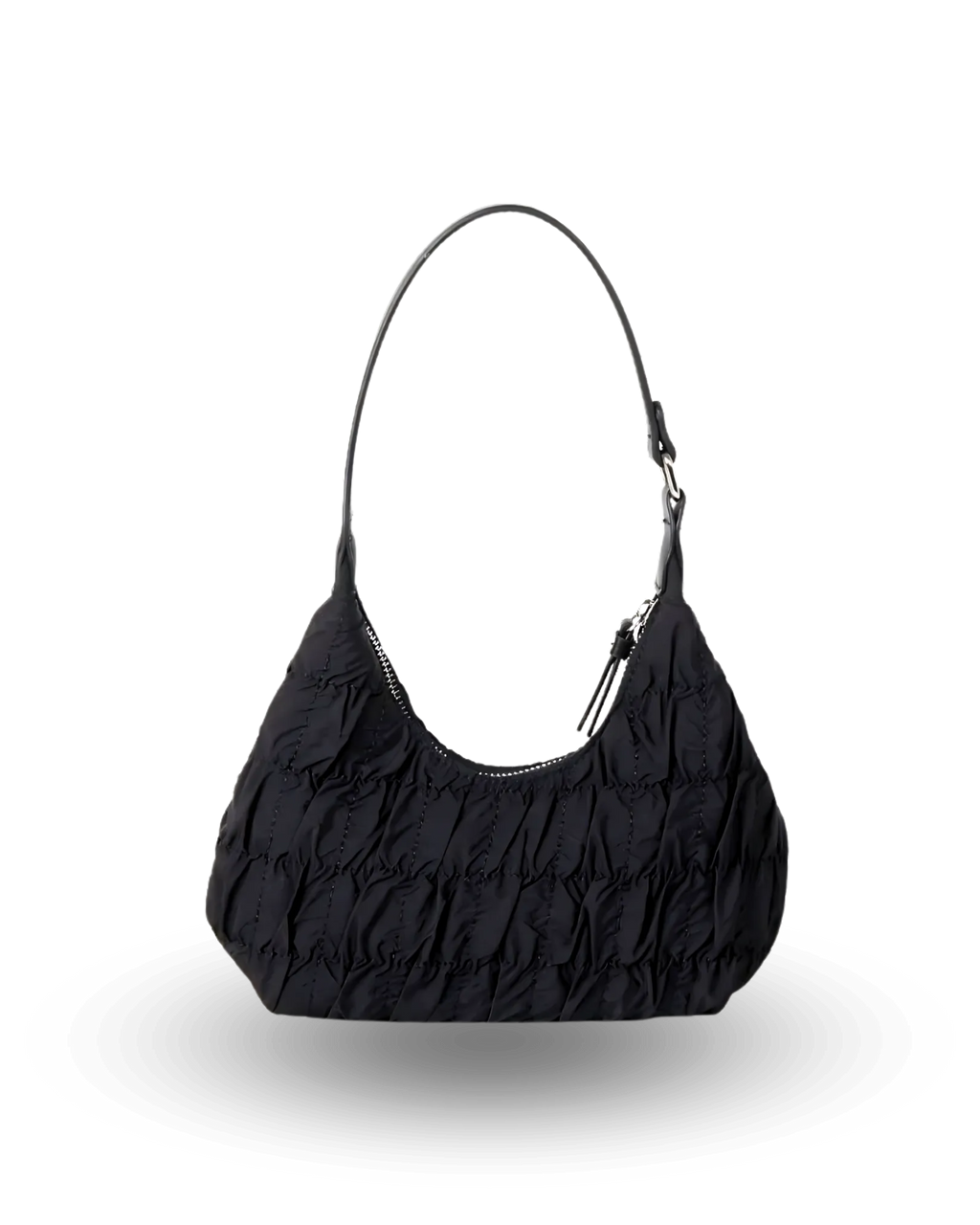 Black ruched handbag on a white background