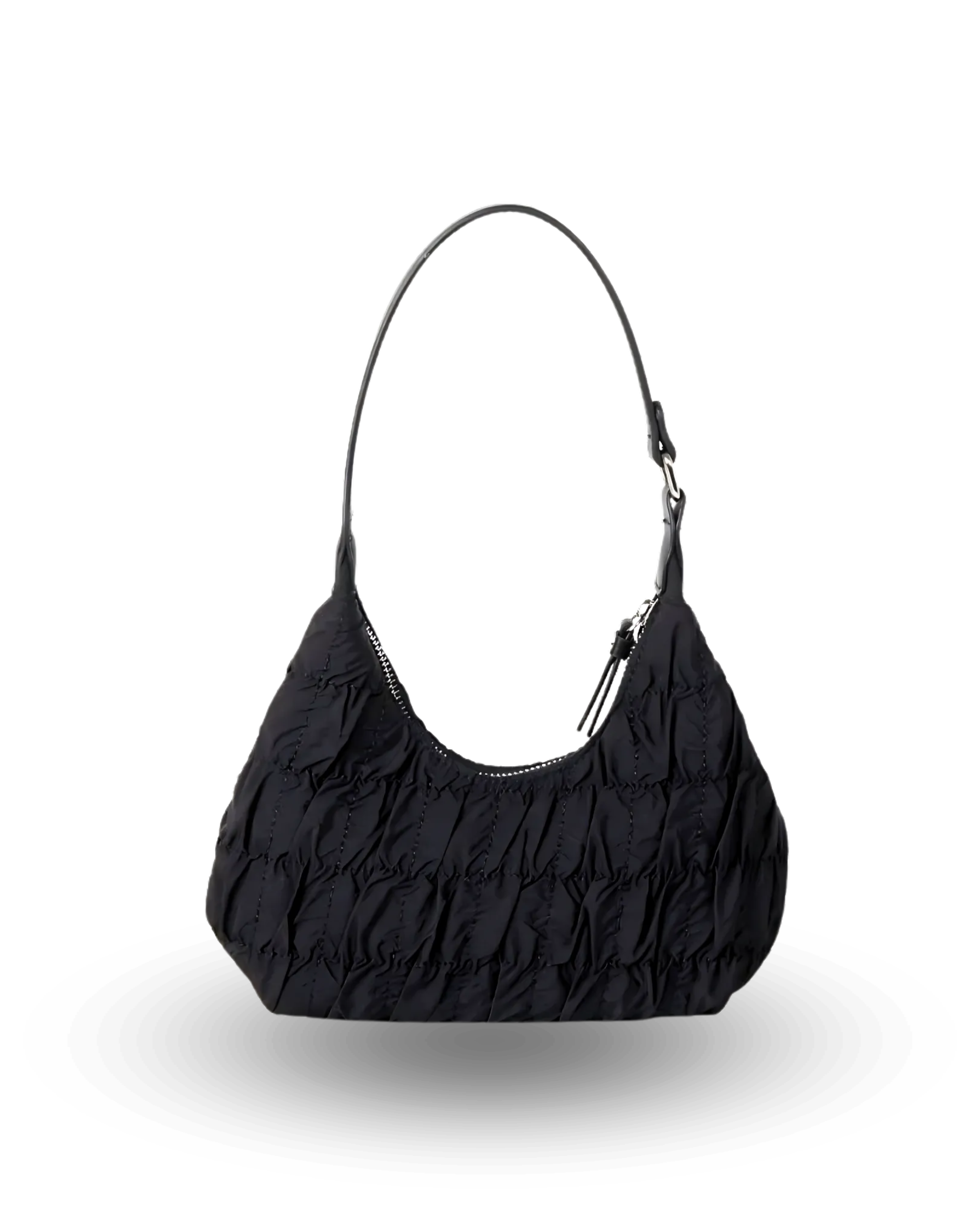 Black ruched handbag on a white background