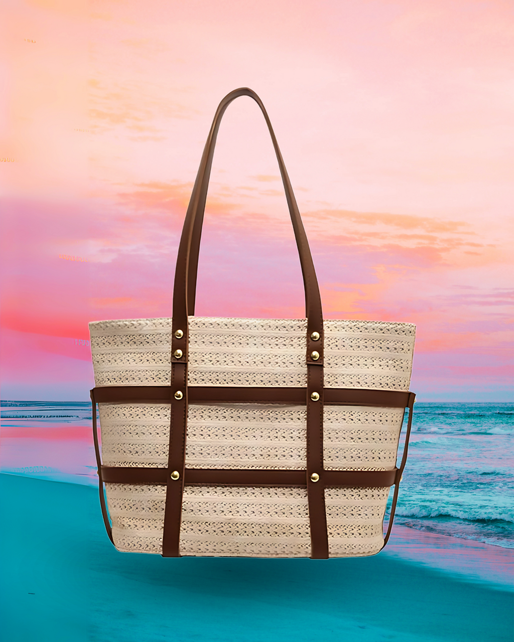 Large rectangular woven raffia tote bag with a structured boxy silhouette, reinforced brown leather straps and trim with gold rivet details, and long dual shoulder handles.