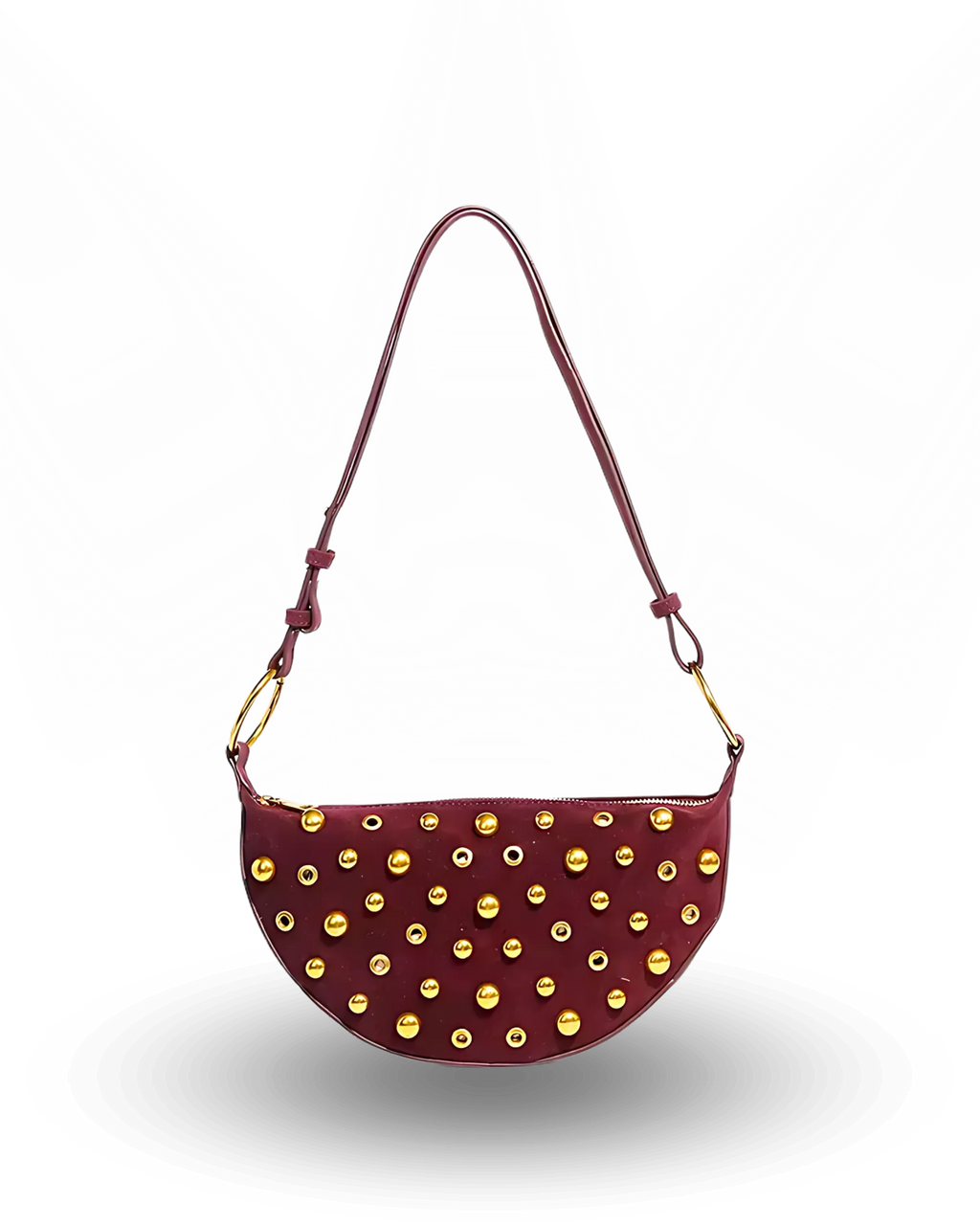 Stylish burgundy half-moon handbag featuring gold stud detailing, top zipper closure, and an adjustable shoulder strap – perfect for chic everyday wear