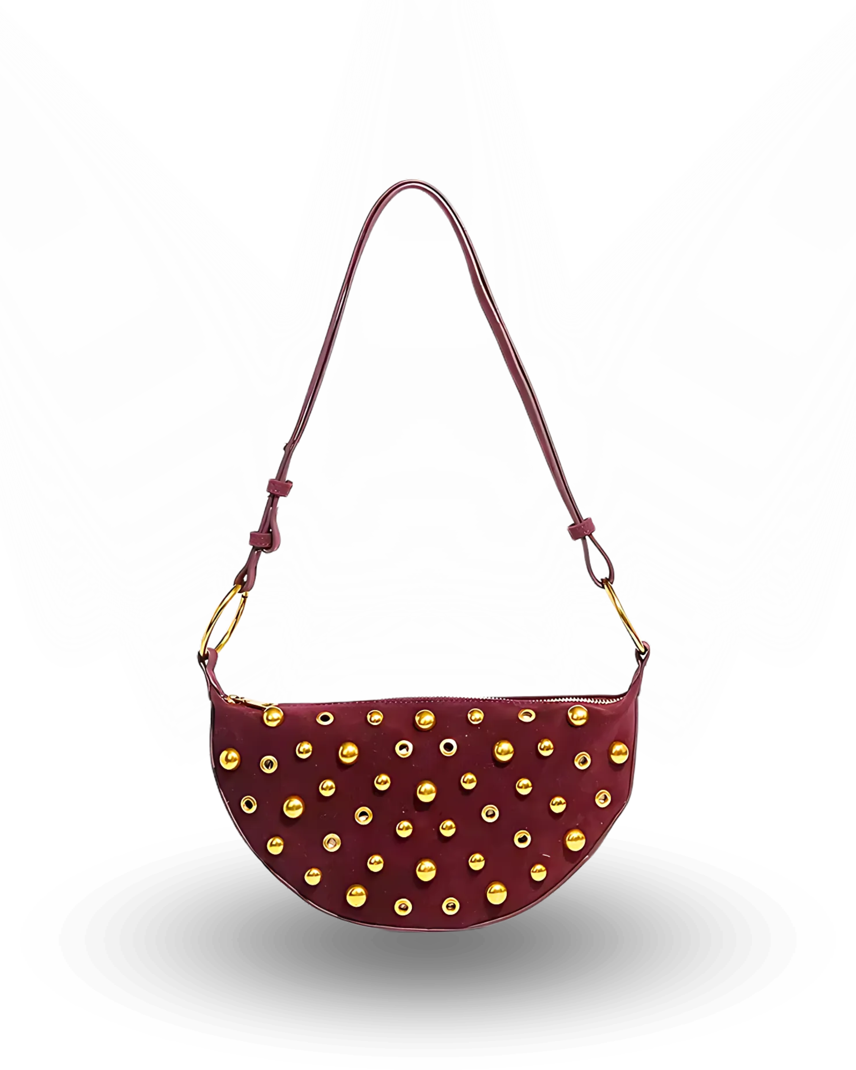 Stylish burgundy half-moon handbag featuring gold stud detailing, top zipper closure, and an adjustable shoulder strap – perfect for chic everyday wear