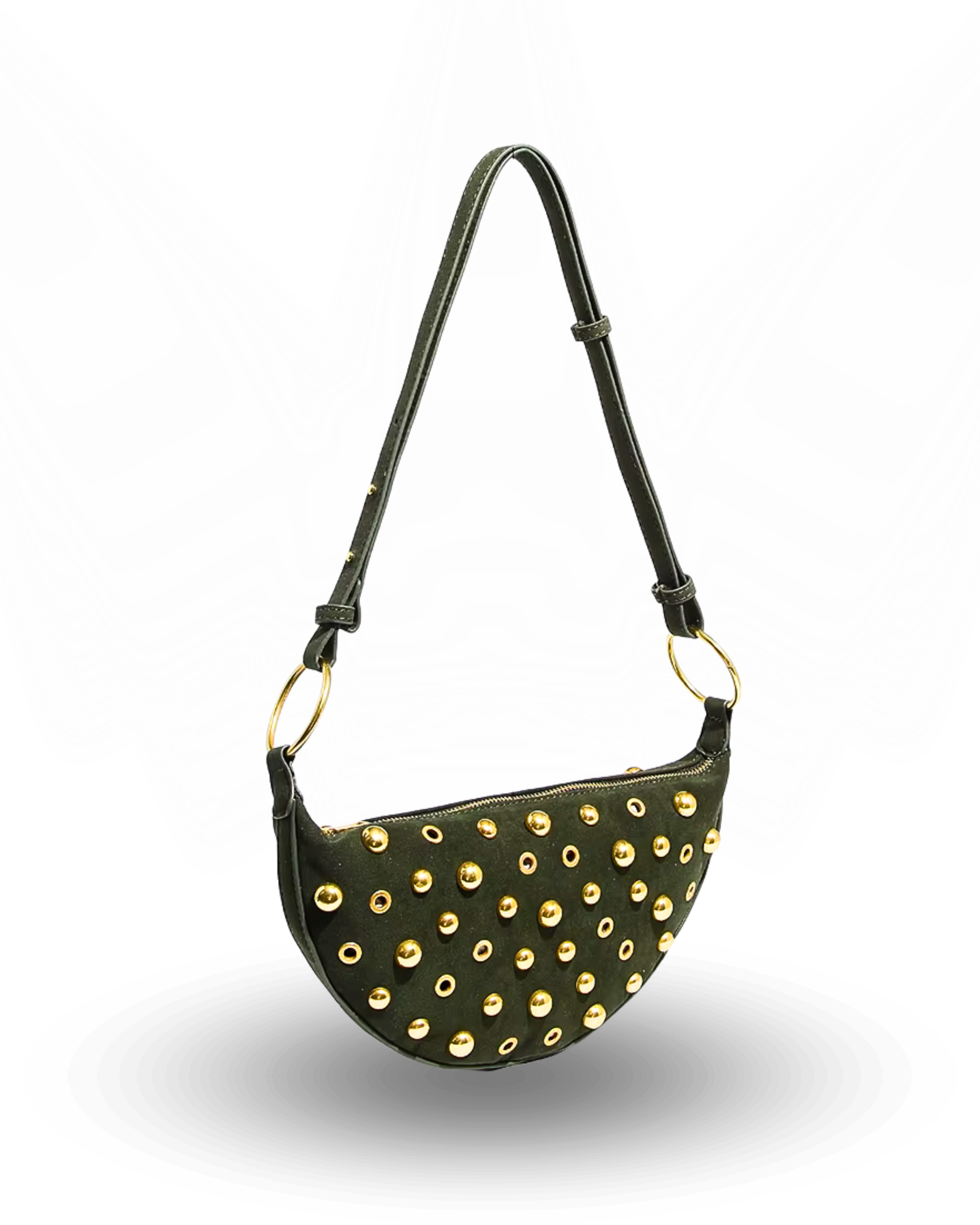 Stylish burgundy half-moon handbag featuring gold stud detailing, top zipper closure, and an adjustable shoulder strap – perfect for chic everyday wear