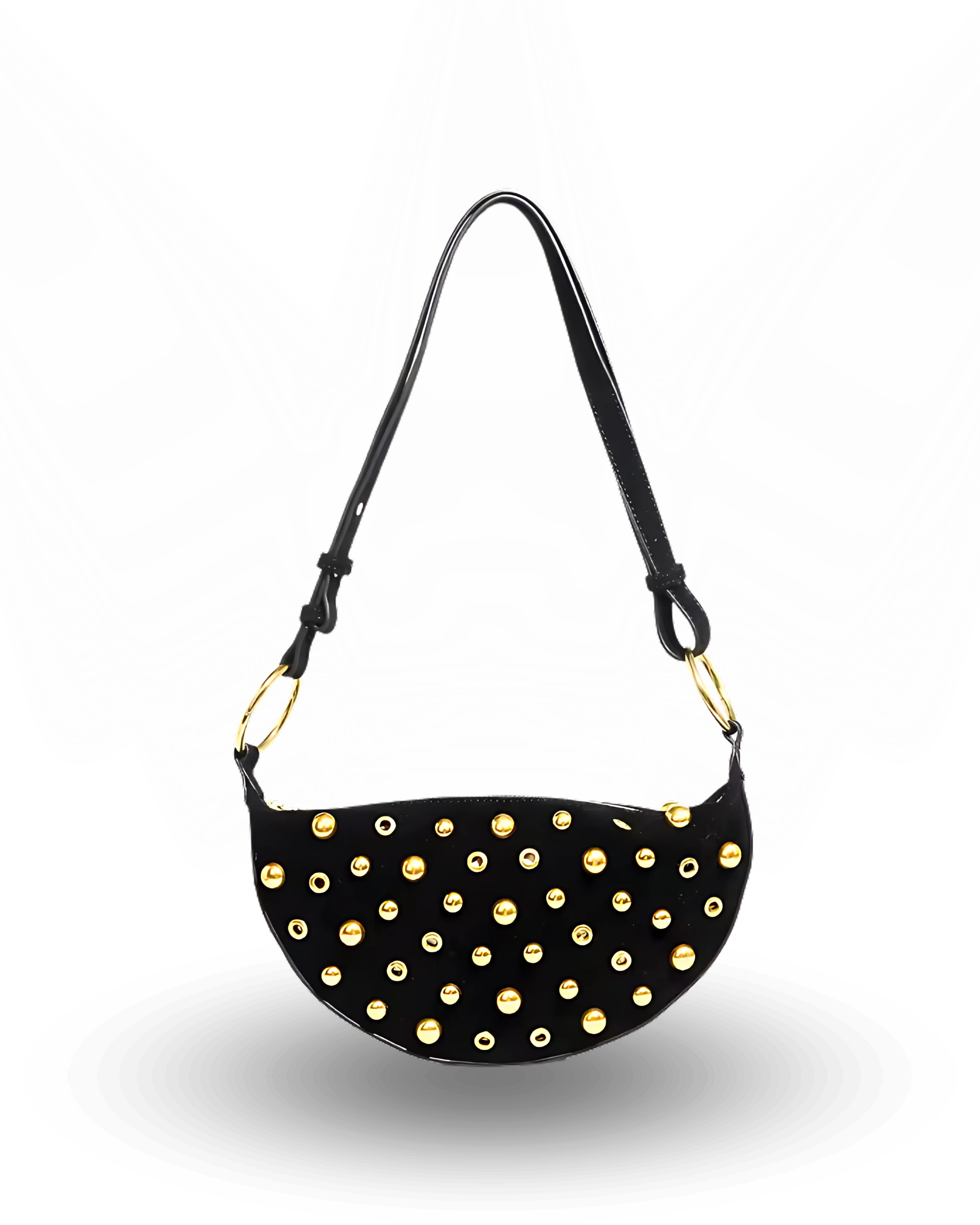 Stylish burgundy half-moon handbag featuring gold stud detailing, top zipper closure, and an adjustable shoulder strap – perfect for chic everyday wear
