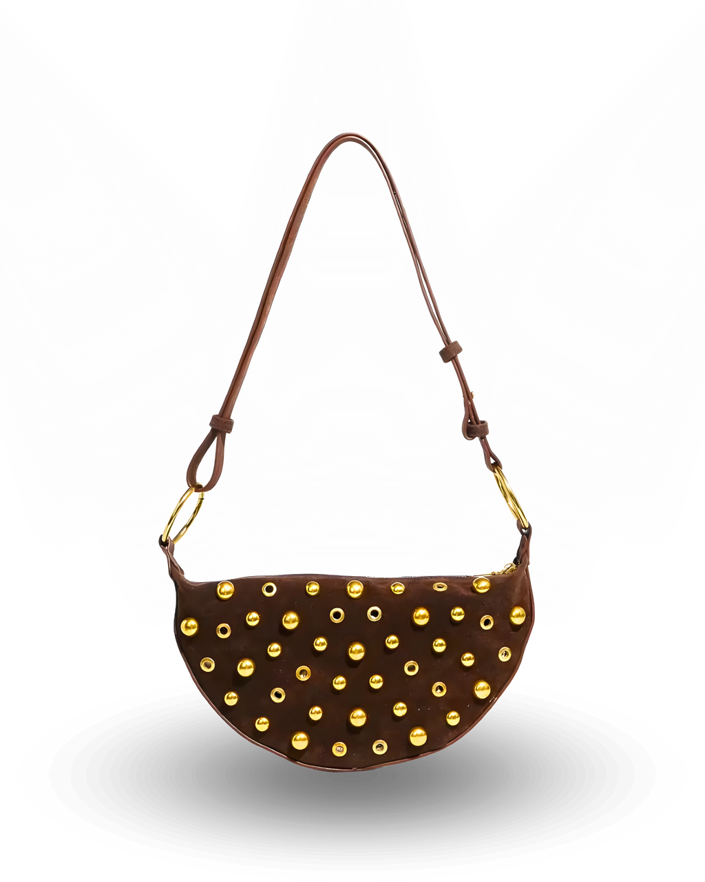 Stylish burgundy half-moon handbag featuring gold stud detailing, top zipper closure, and an adjustable shoulder strap – perfect for chic everyday wear