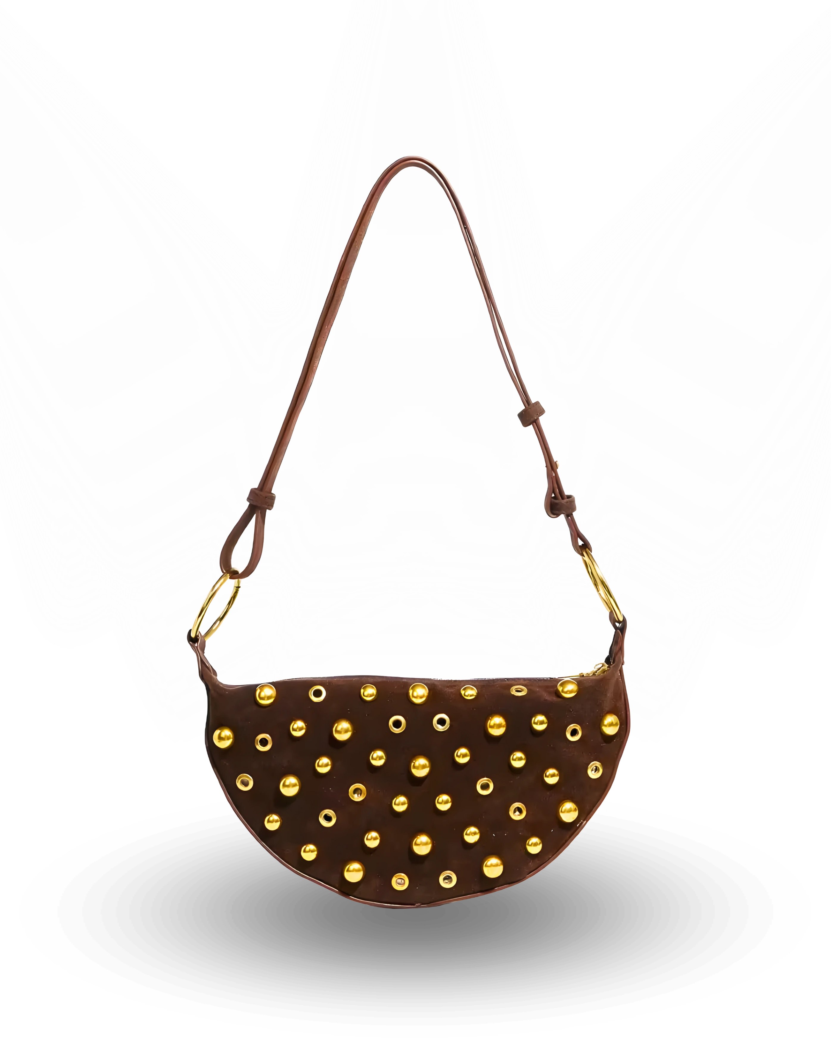 Stylish burgundy half-moon handbag featuring gold stud detailing, top zipper closure, and an adjustable shoulder strap – perfect for chic everyday wear