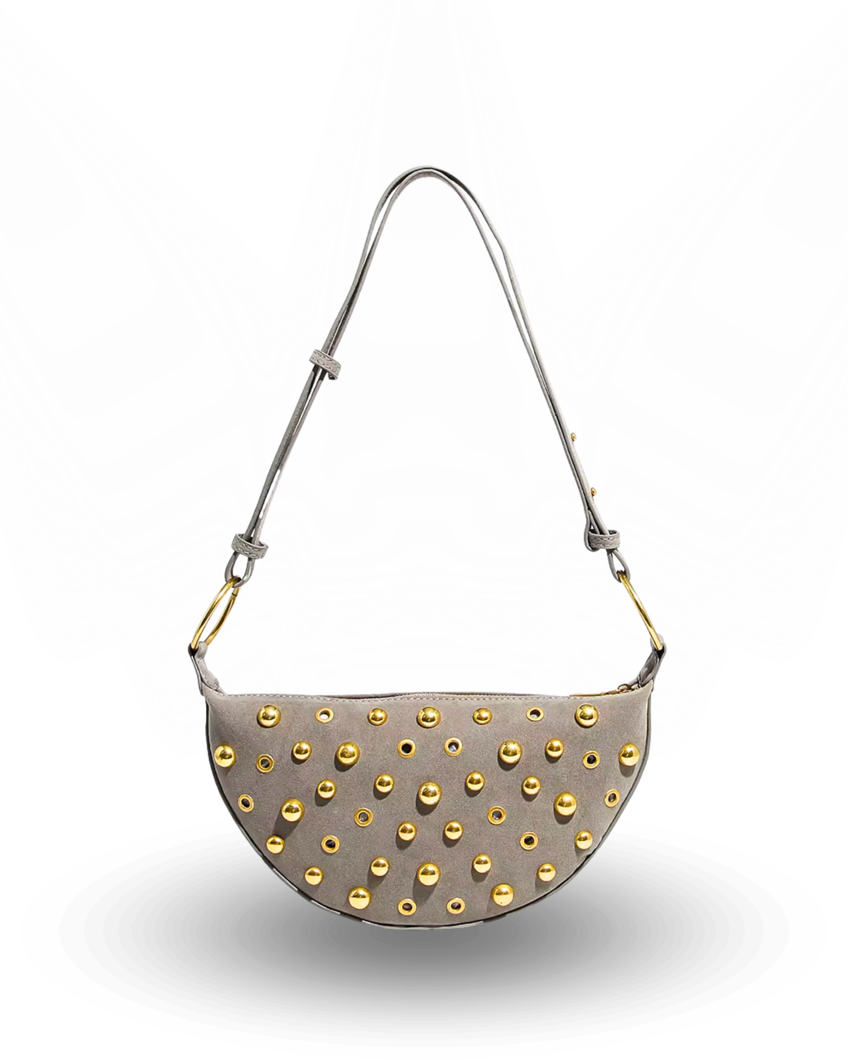 Stylish burgundy half-moon handbag featuring gold stud detailing, top zipper closure, and an adjustable shoulder strap – perfect for chic everyday wear