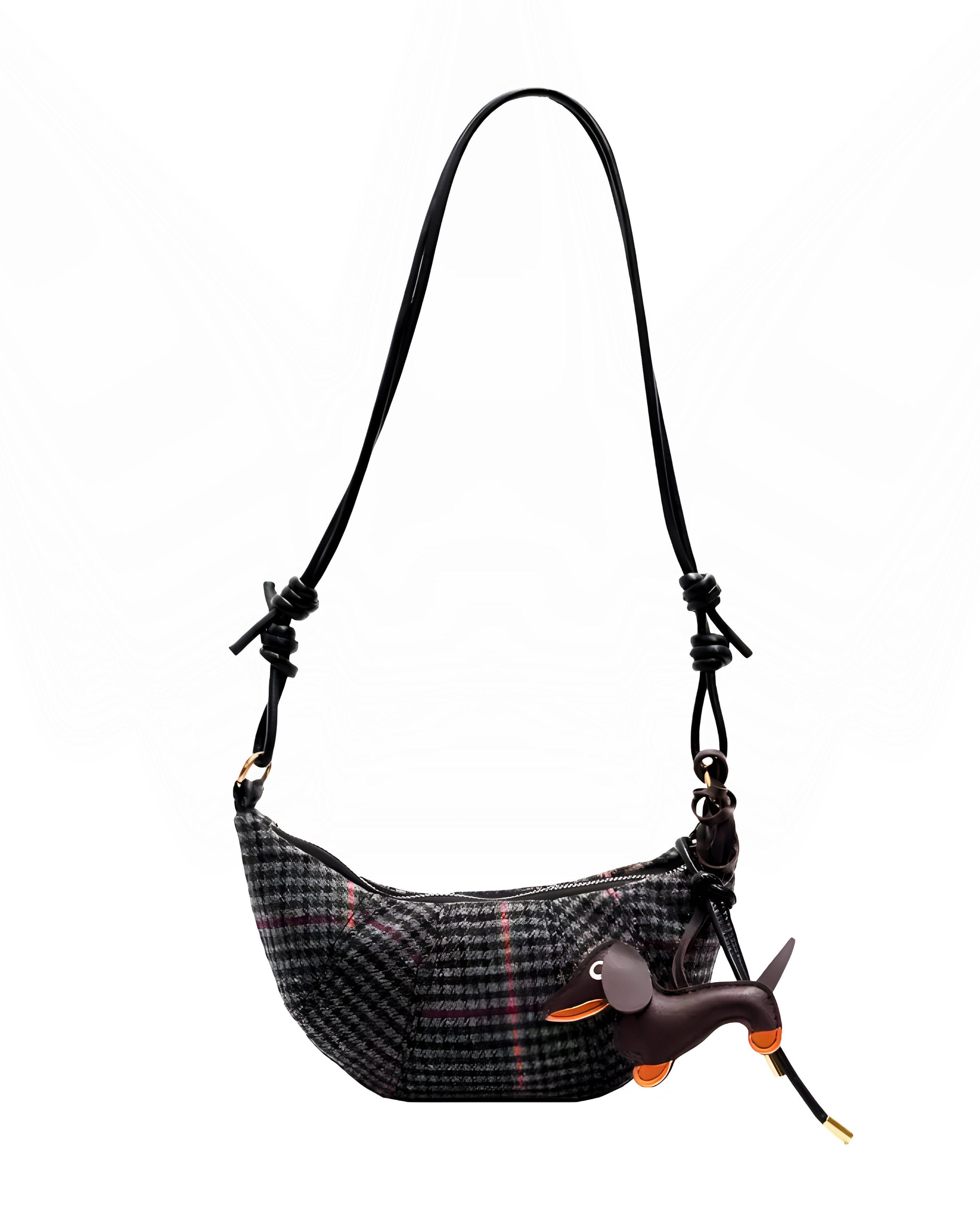 Black and grey plaid crossbody bag with black leather strap and dachshund dog charm accessory