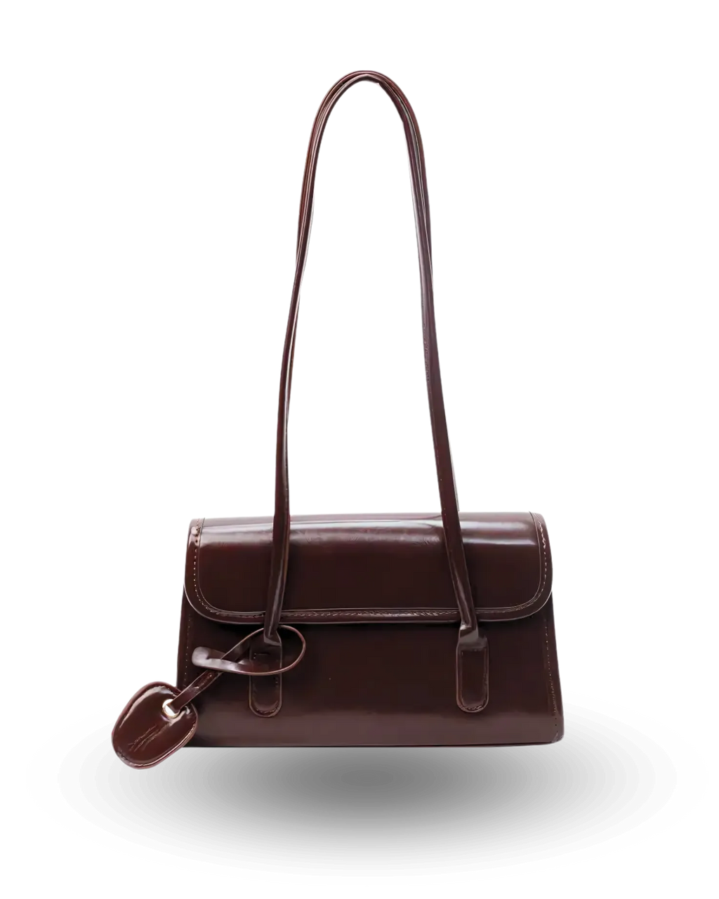 Elegant brown patent leather shoulder bag with slim envelope flap, long double straps, and subtle charm detail.