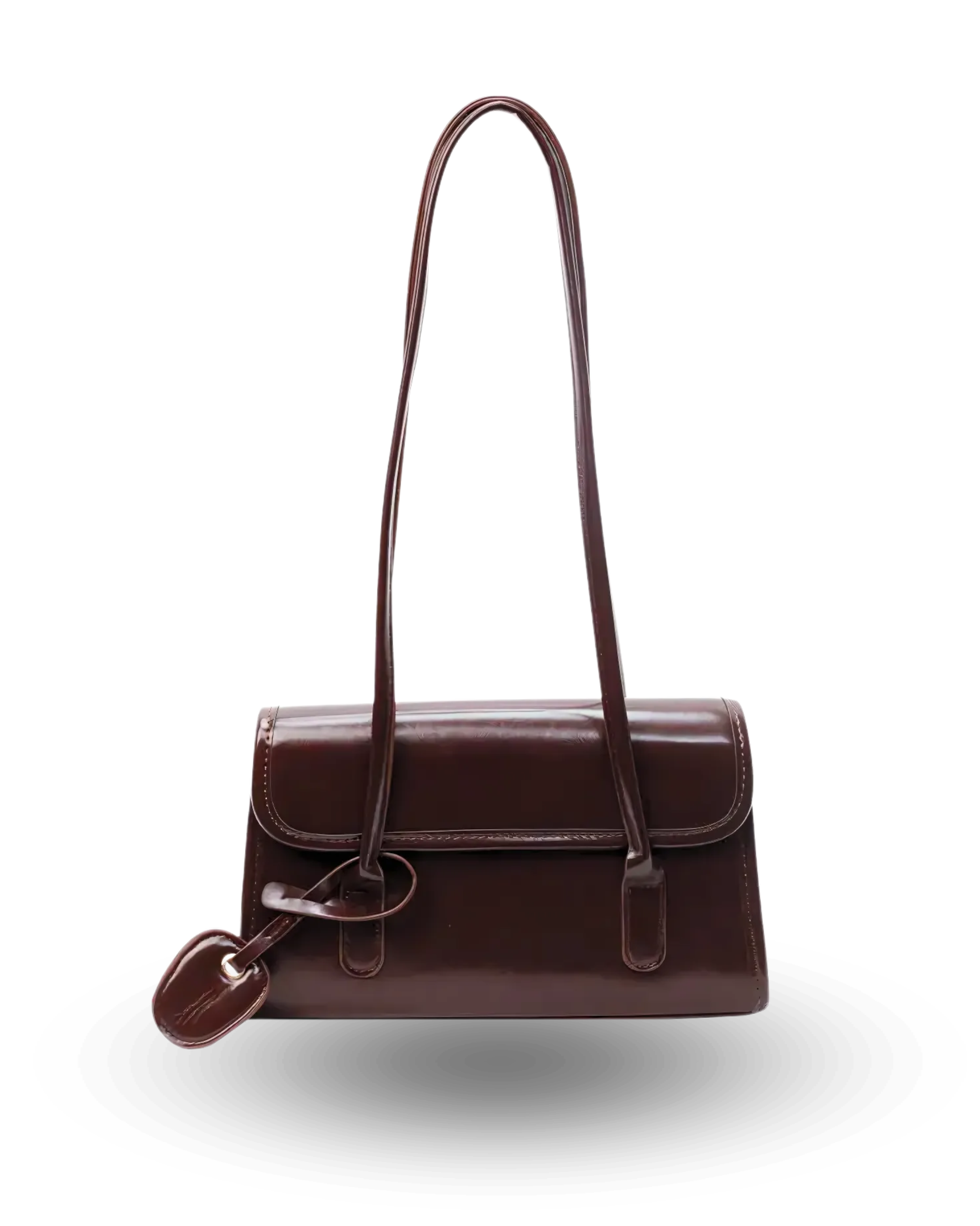 Elegant brown patent leather shoulder bag with slim envelope flap, long double straps, and subtle charm detail.