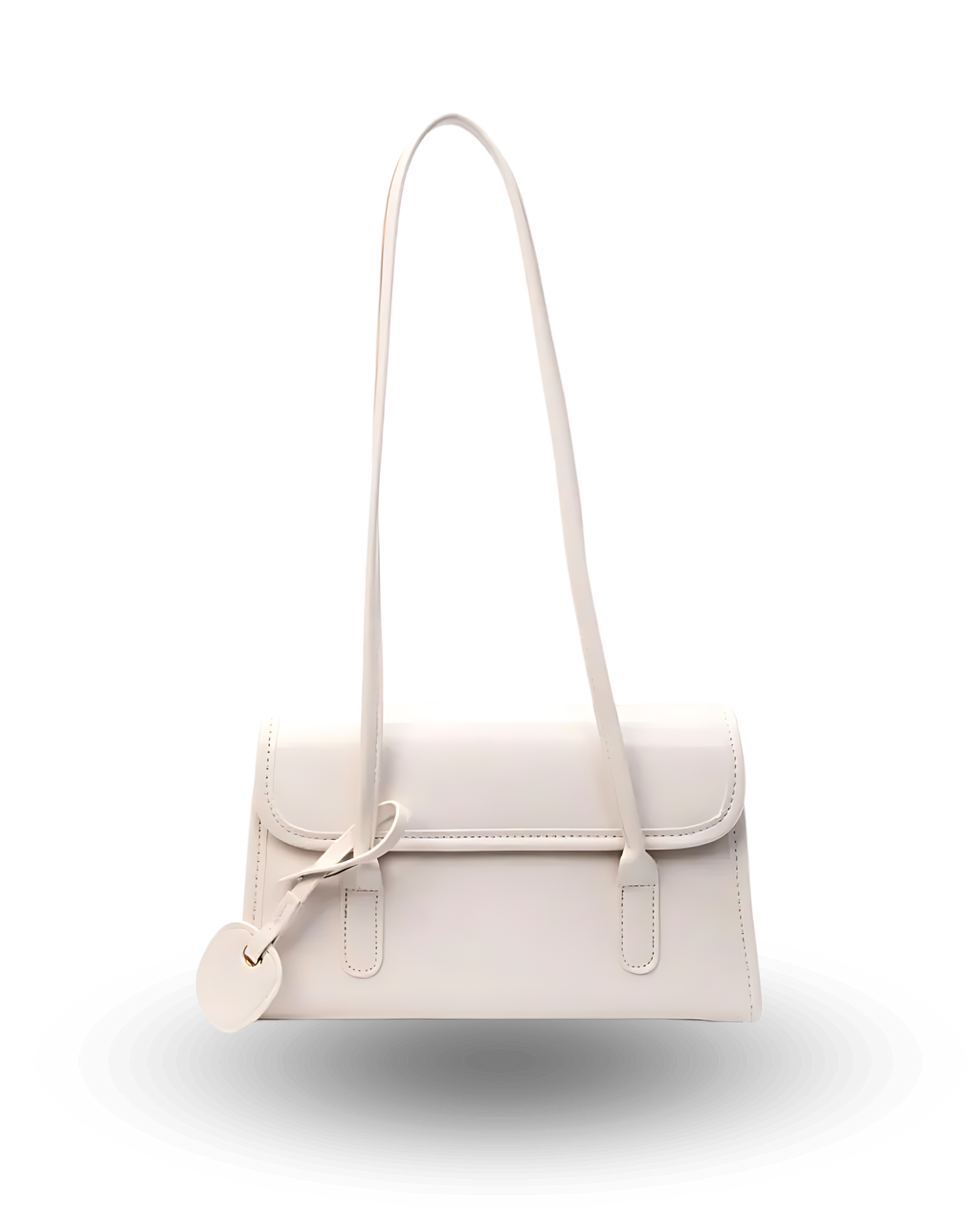Elegant white patent leather shoulder bag with slim envelope flap, long double straps, and subtle charm detail.