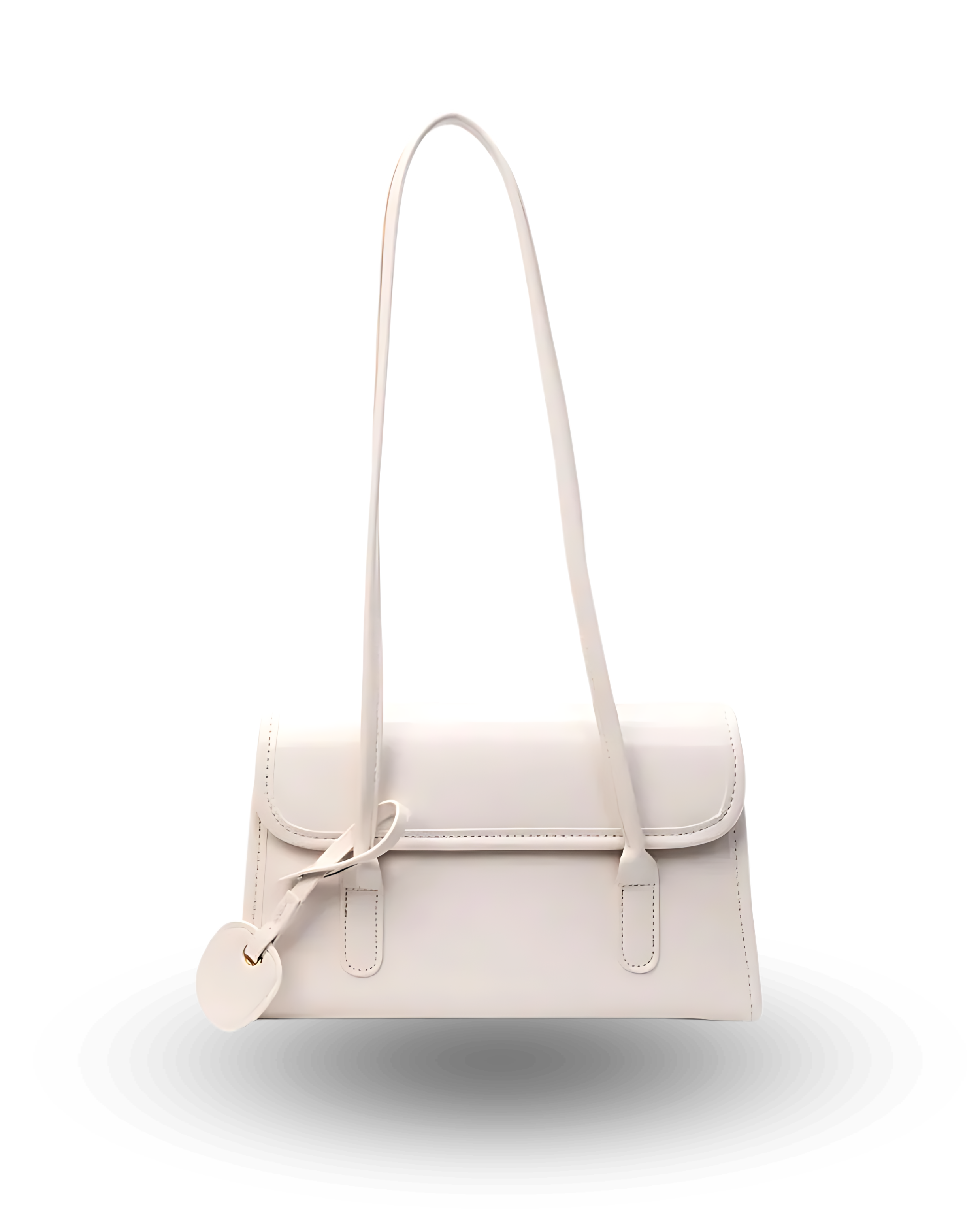 Elegant white patent leather shoulder bag with slim envelope flap, long double straps, and subtle charm detail.