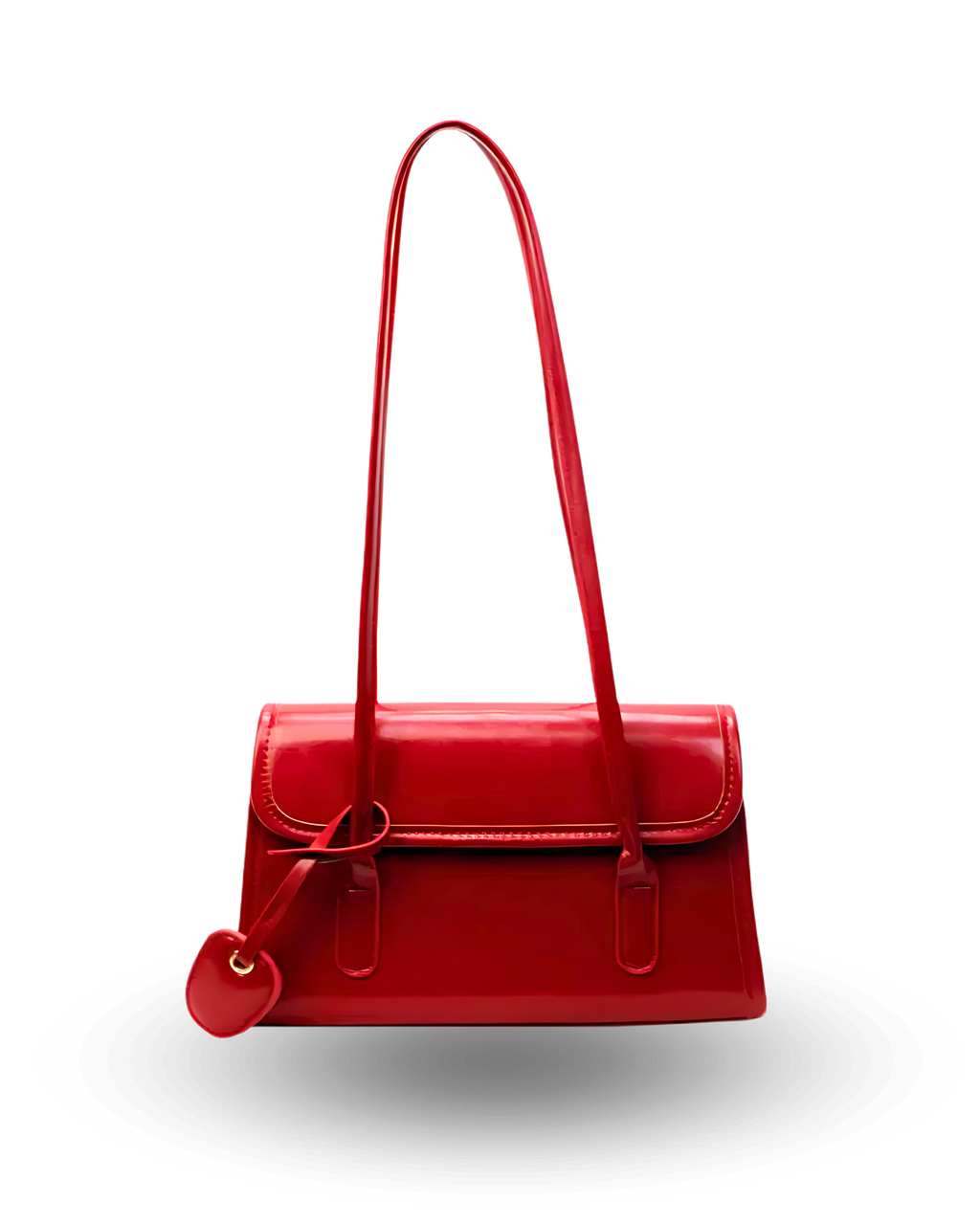 Bold red patent leather shoulder bag with slim envelope flap design, long double straps, and heart-shaped charm accent.
