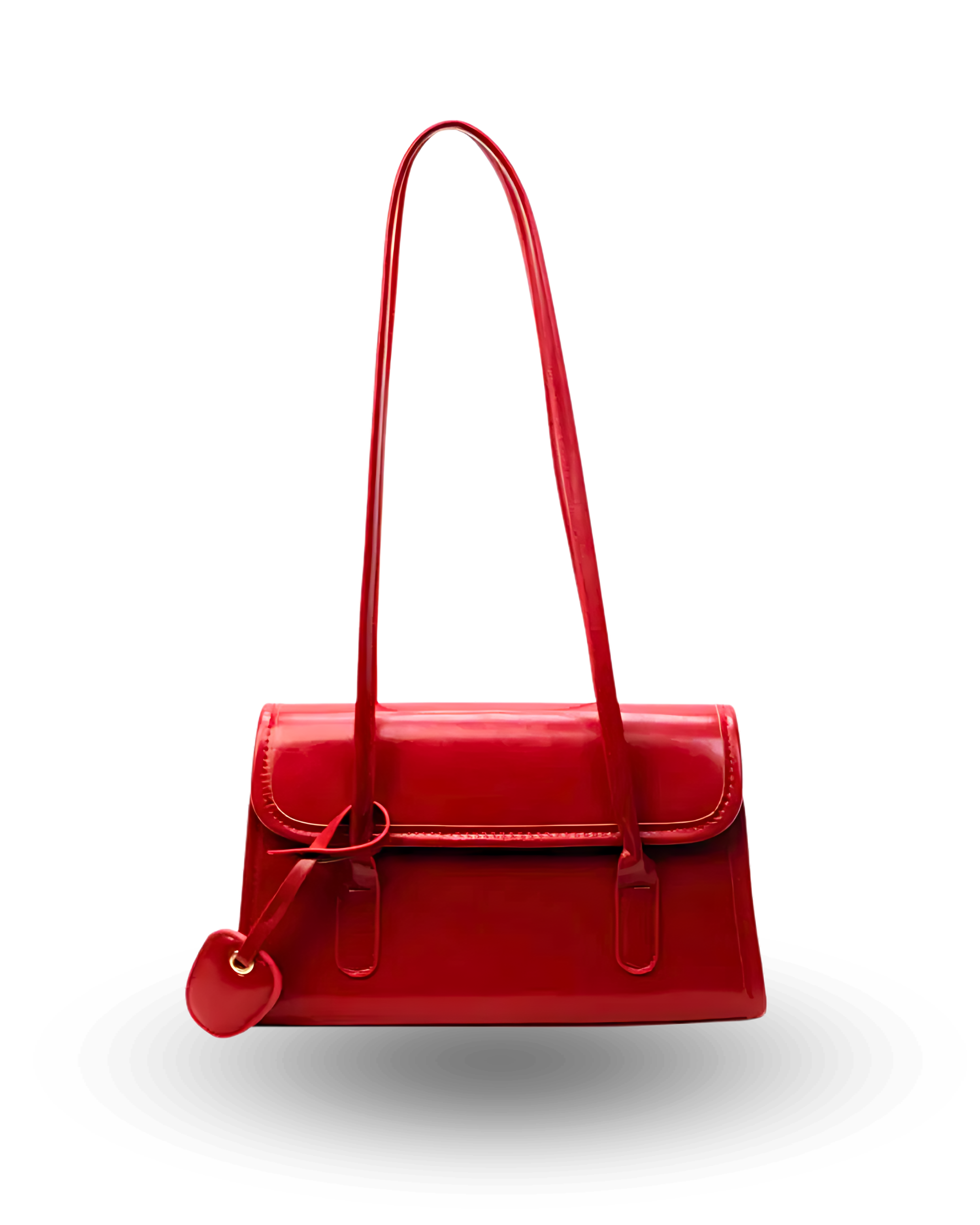Bold red patent leather shoulder bag with slim envelope flap design, long double straps, and heart-shaped charm accent.