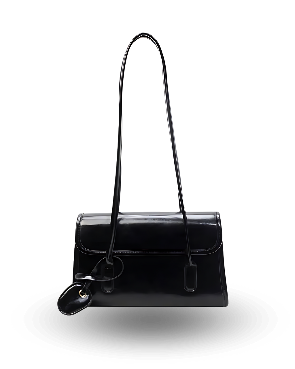 Classic black patent leather shoulder bag with slim envelope flap, long double straps, and minimalist charm detail.