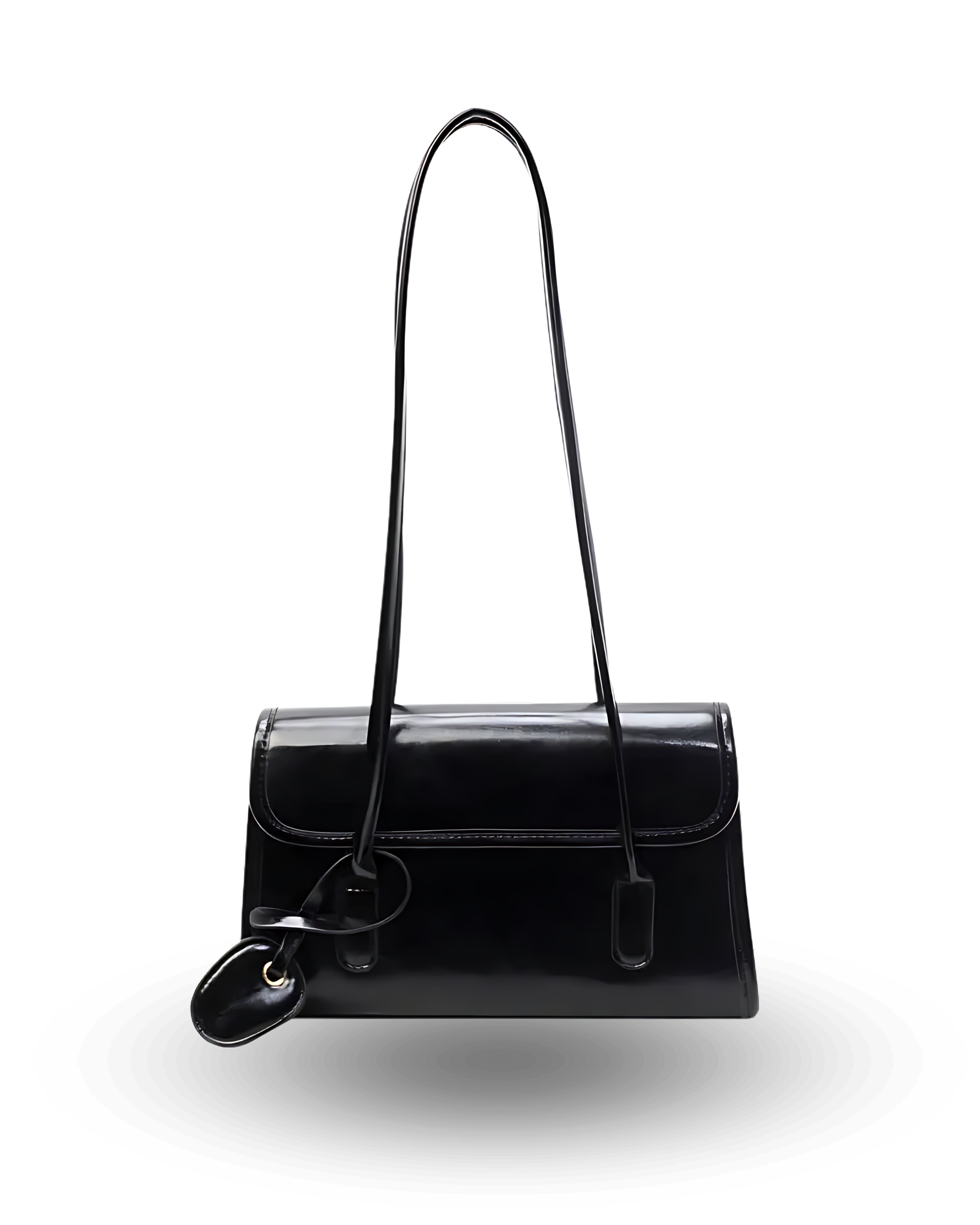 Classic black patent leather shoulder bag with slim envelope flap, long double straps, and minimalist charm detail.