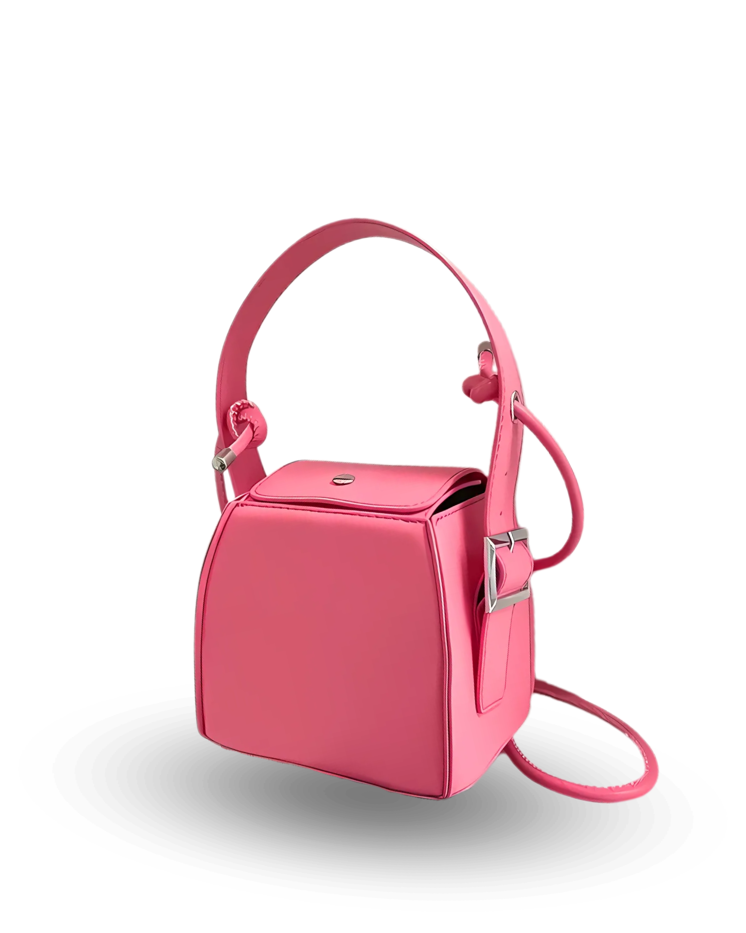 Bright pink structured cube handbag with top handle, flap closure, side buckle detail, and crossbody strap.