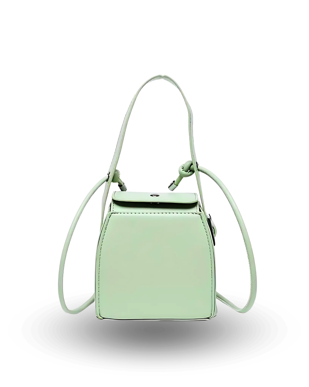 Mint green structured handbag with top flap closure, adjustable knotted strap, and modern boxy silhouette.