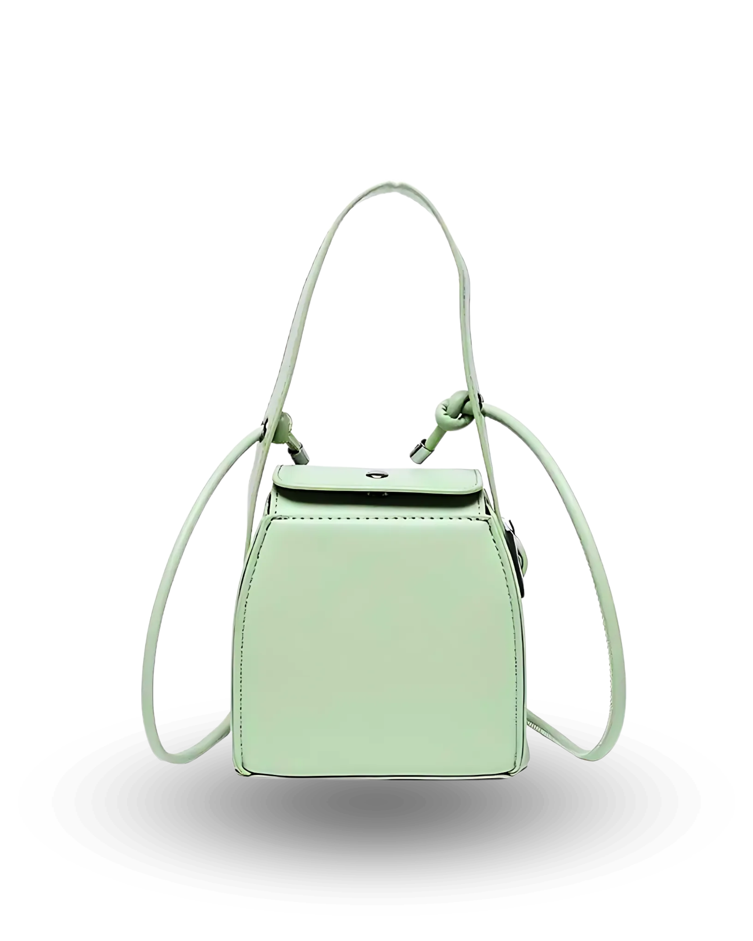 Mint green structured handbag with top flap closure, adjustable knotted strap, and modern boxy silhouette.
