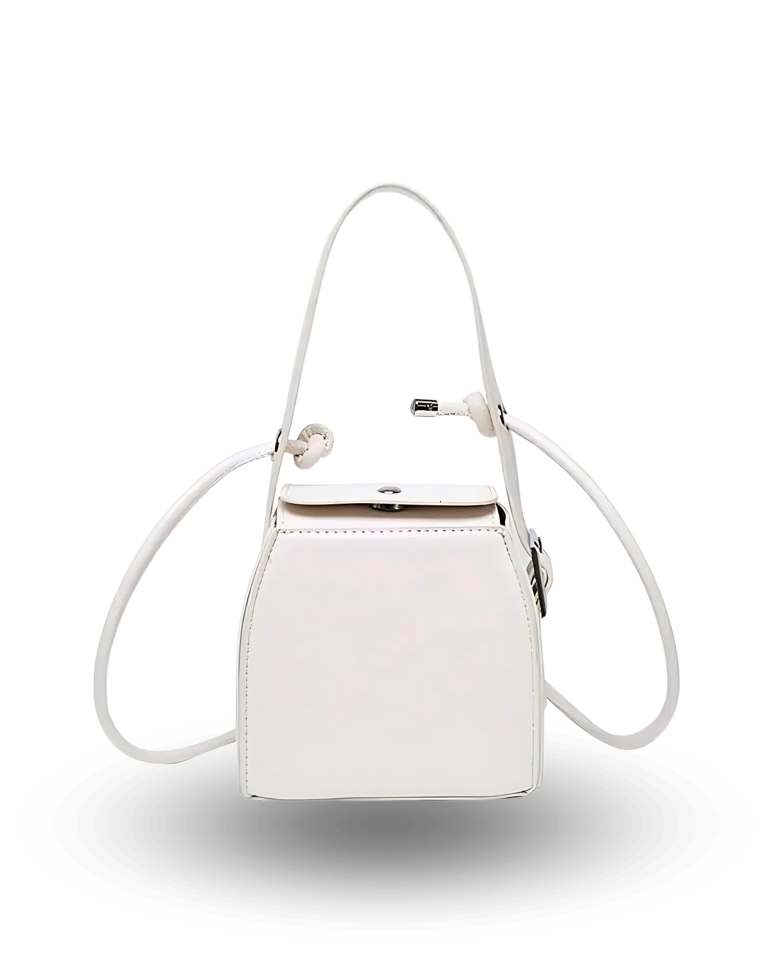 White structured handbag with top flap closure, adjustable knotted strap, and modern boxy silhouette.