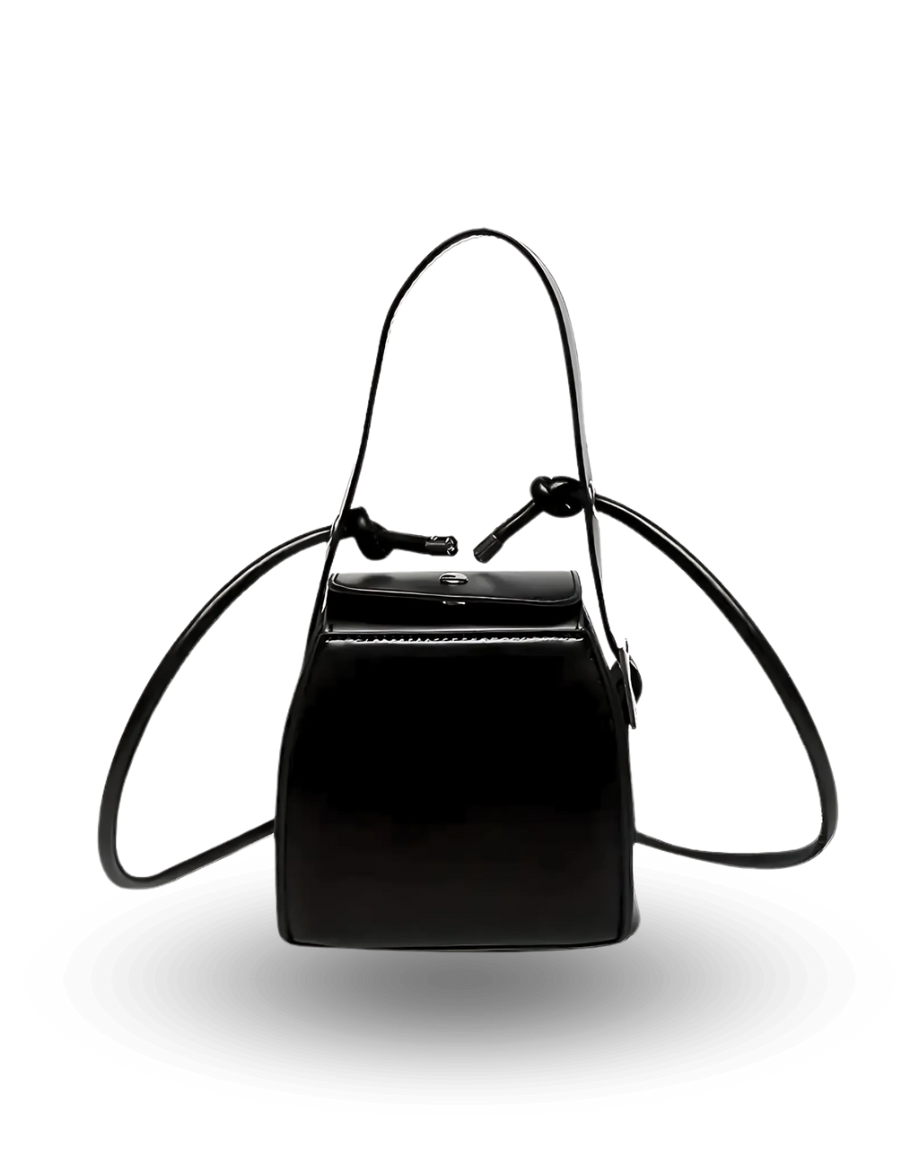 Black structured handbag with top flap closure, adjustable knotted strap, and modern boxy silhouette.