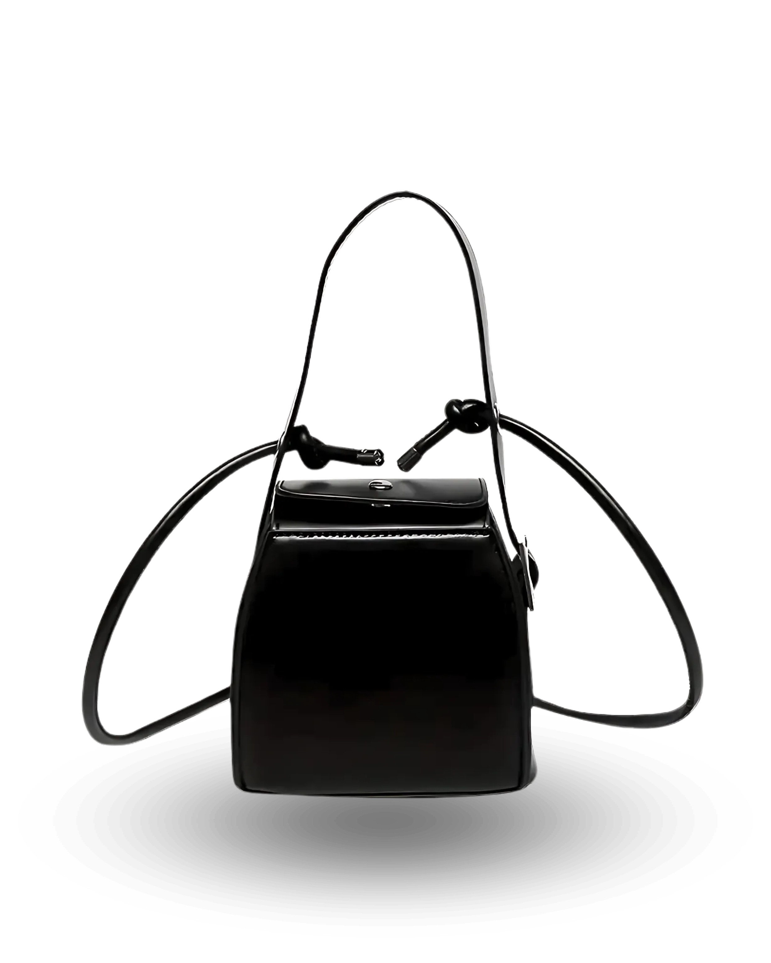 Black structured handbag with top flap closure, adjustable knotted strap, and modern boxy silhouette.