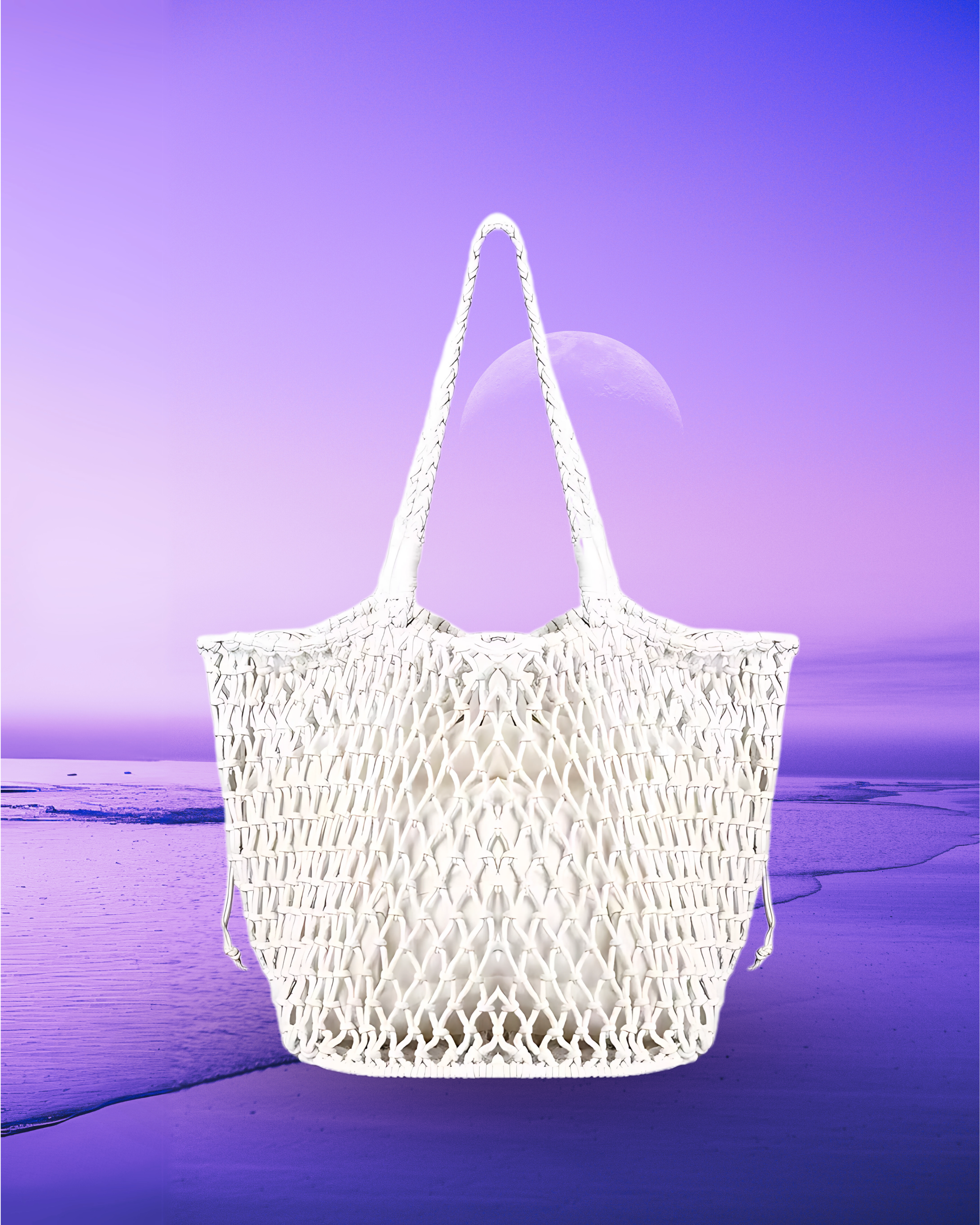 Square-shaped white macramé net tote bag with an open woven design, rounded corners, braided shoulder straps, and a drawstring inner pouch.