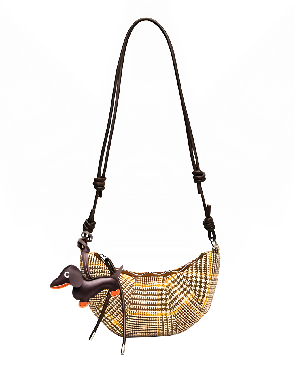 Stylish houndstooth crossbody bag with brown leather strap and playful dachshund charm accessory