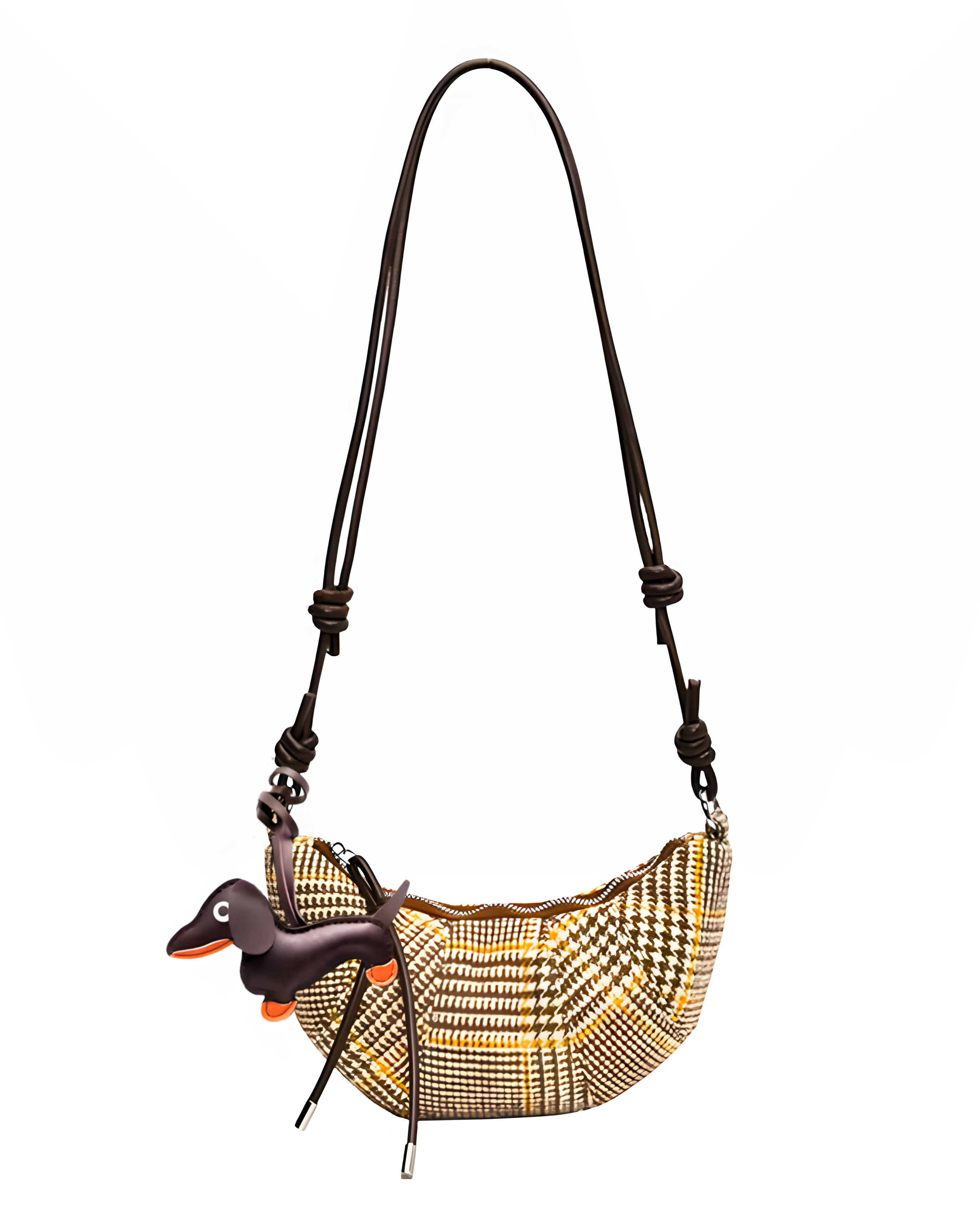 Stylish houndstooth crossbody bag with brown leather strap and playful dachshund charm accessory