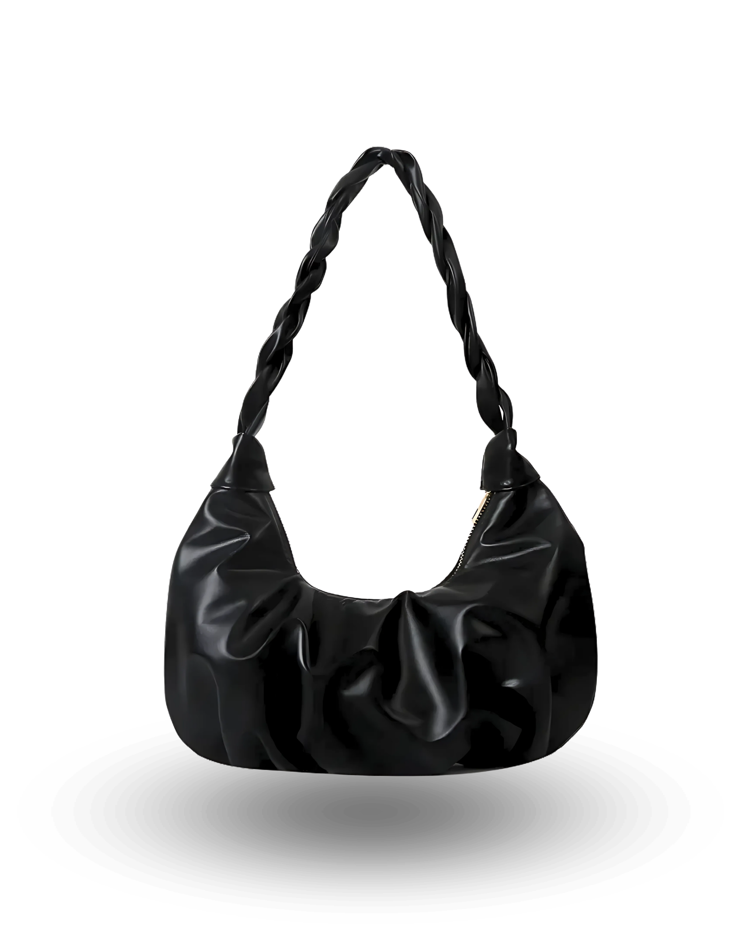 Trendy black shoulder bag for women with ruched crescent shape, soft vegan leather, and braided top handle strap — stylish everyday purse for casual or dressy outfits