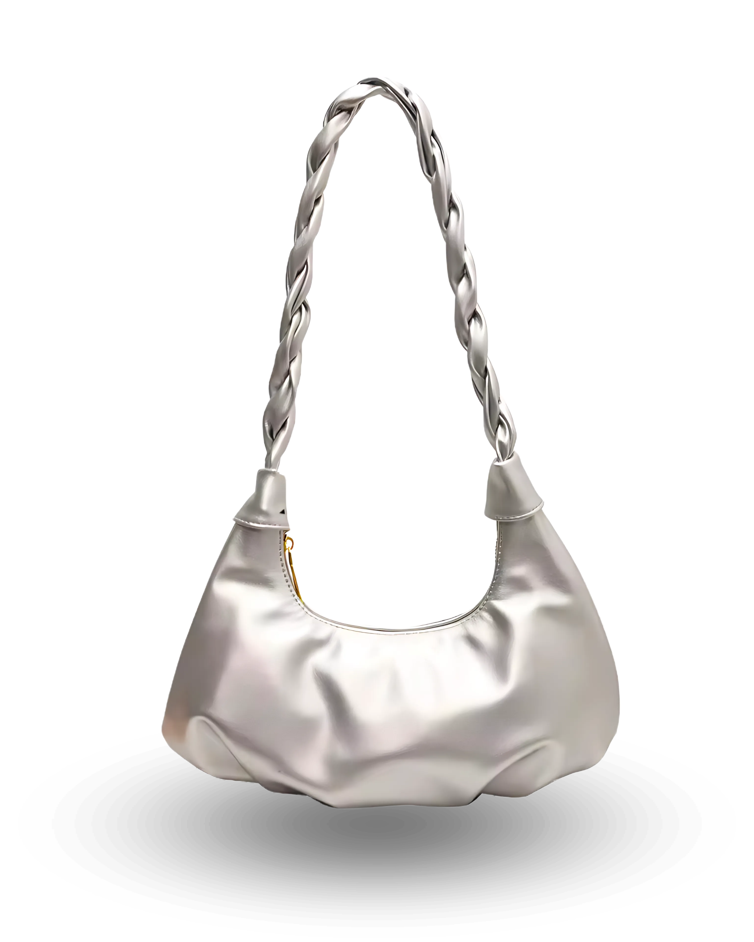 Trendy silver shoulder bag for women with ruched crescent shape, soft vegan leather, and braided top handle strap — stylish everyday purse for casual or dressy outfits