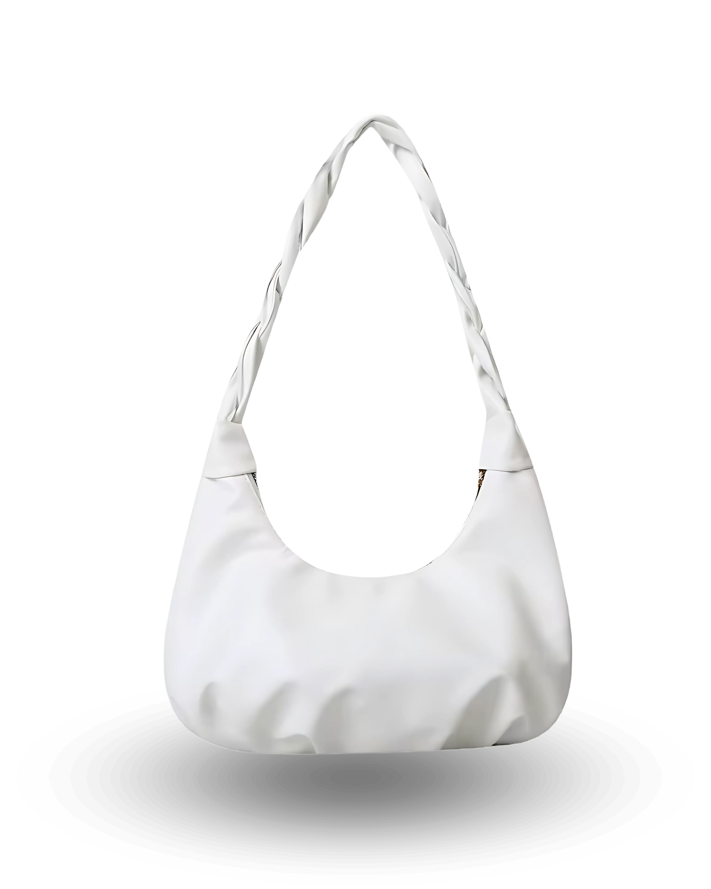 Trendy white shoulder bag for women with ruched crescent shape, soft vegan leather, and braided top handle strap — stylish everyday purse for casual or dressy outfits