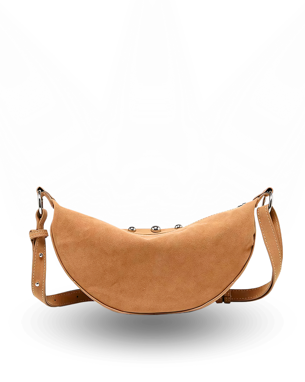 Curved crossbody sling bag made form vegan suede in autumn tan colours with a top zipper closure, adjustable shoulder strap, and metallic studded accents across the front