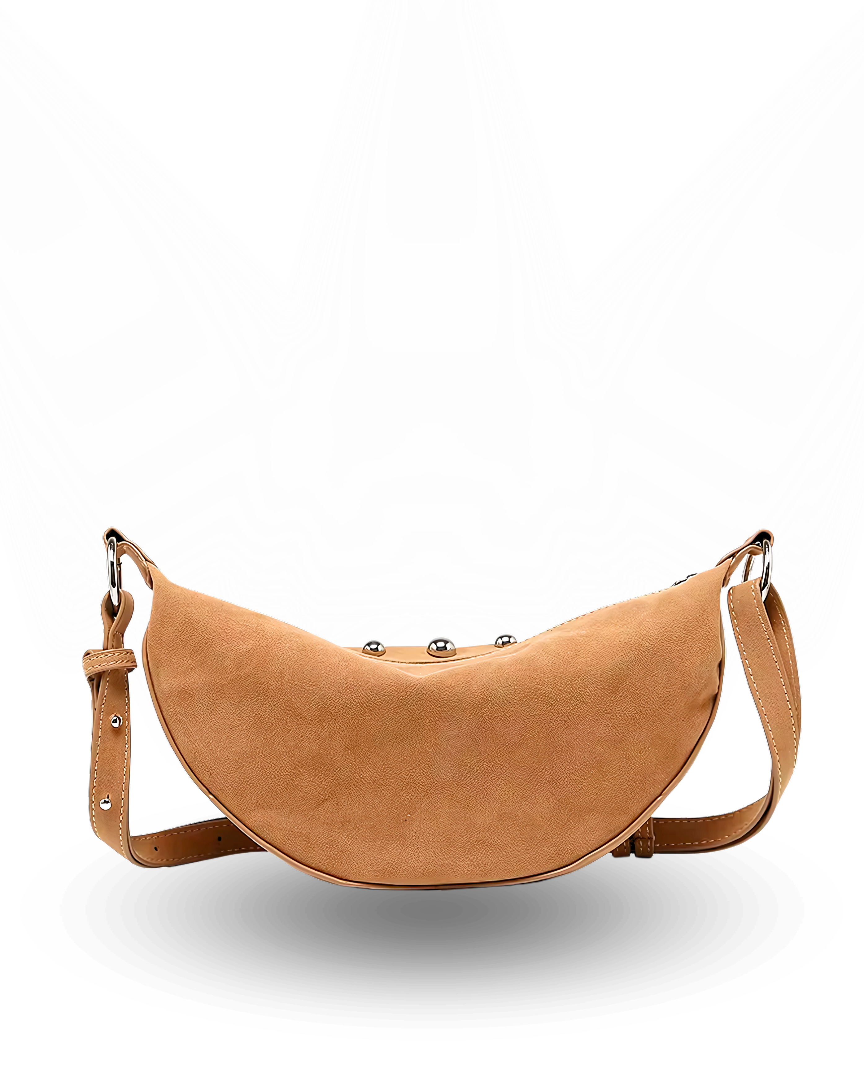 Curved crossbody sling bag made form vegan suede in autumn tan colours with a top zipper closure, adjustable shoulder strap, and metallic studded accents across the front