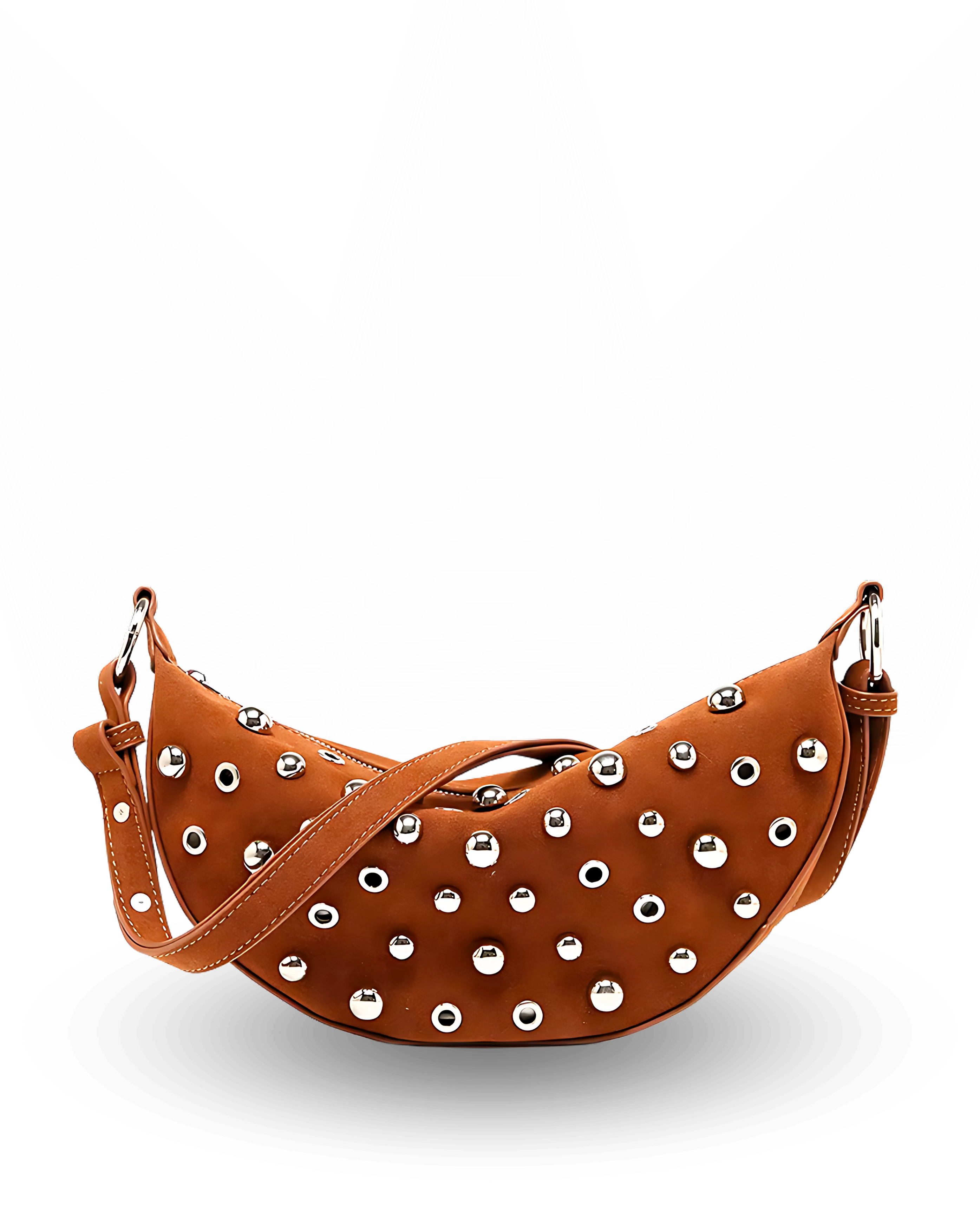 Curved crossbody sling bag made form vegan suede in autumn tan colours with a top zipper closure, adjustable shoulder strap, and metallic studded accents across the front.