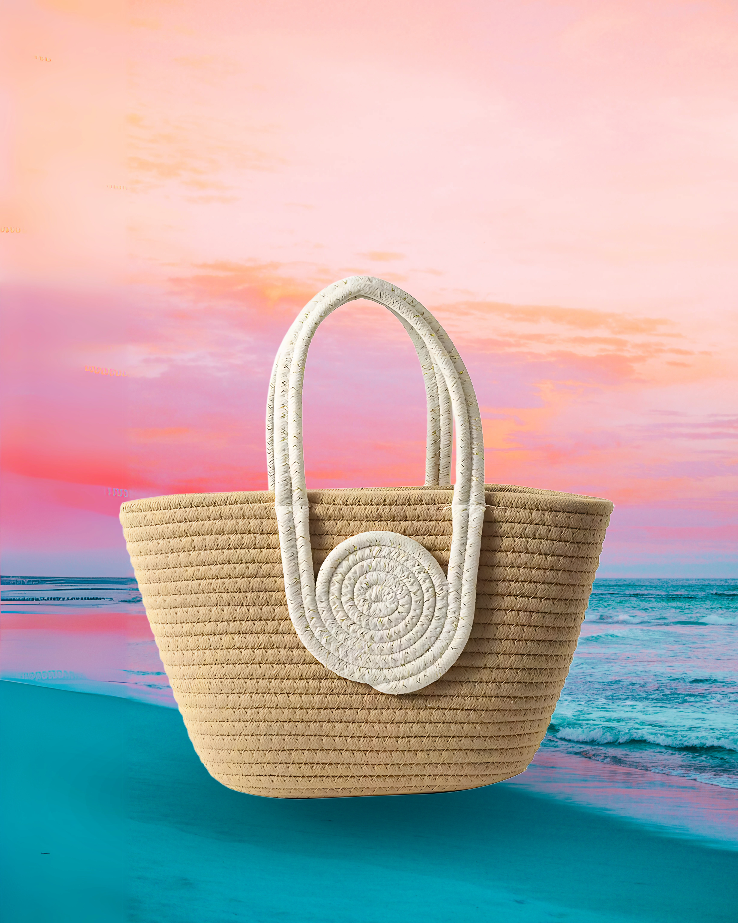 Wide trapezoid-shaped woven raffia tote bag in cream with oversized circular brown handles that extend into long shoulder straps, creating a bold geometric design