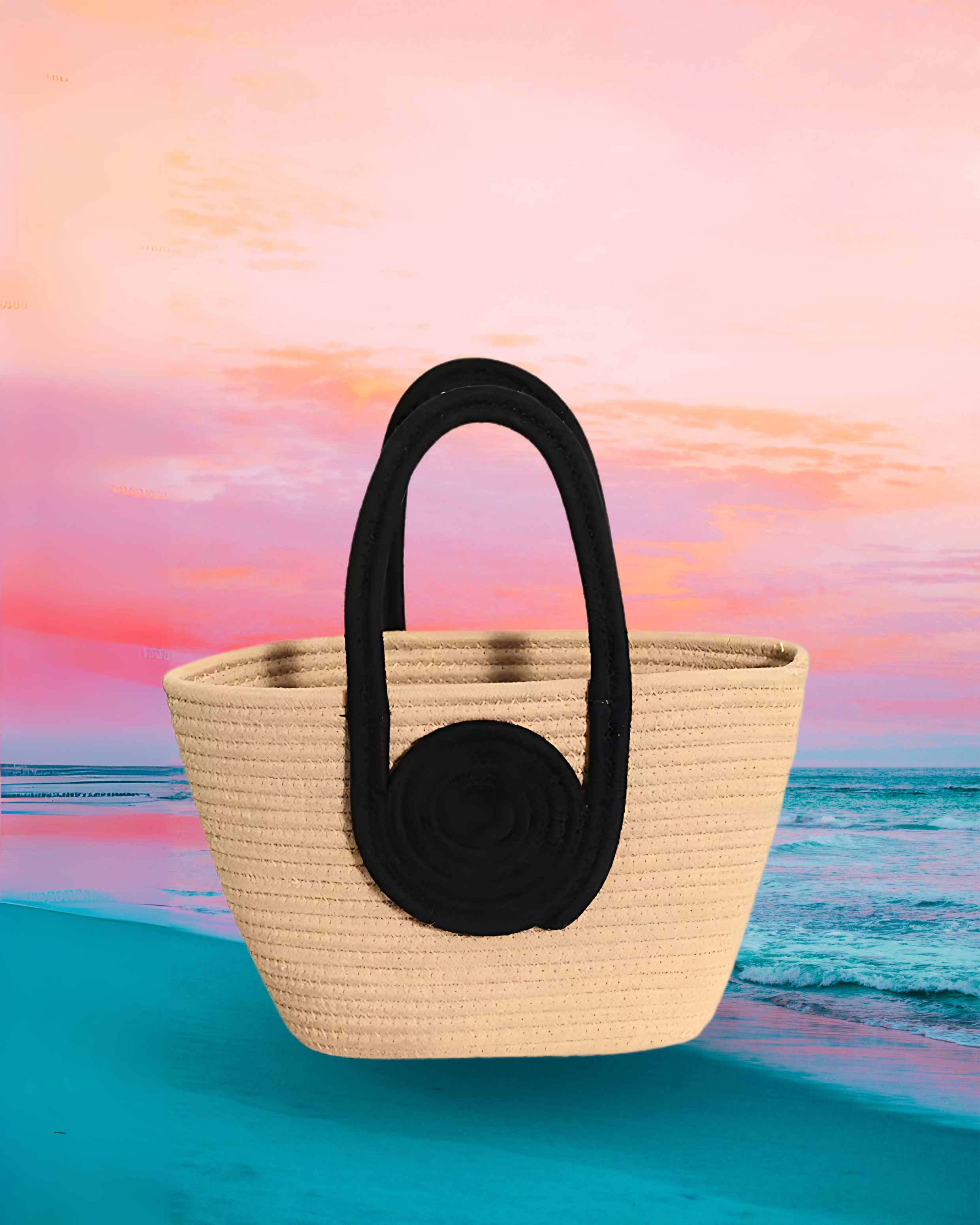 Trapezoid-shaped woven raffia tote bag in natural beige with oversized circular black handles that extend into long shoulder straps, combining structure with bold contrast detailing.