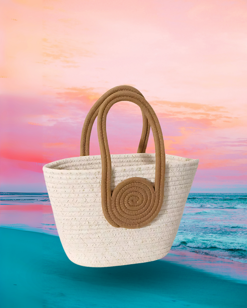 Trapezoid-shaped woven raffia tote bag in cream with oversized circular brown handles that extend into long shoulder straps, featuring a bold contrast design.