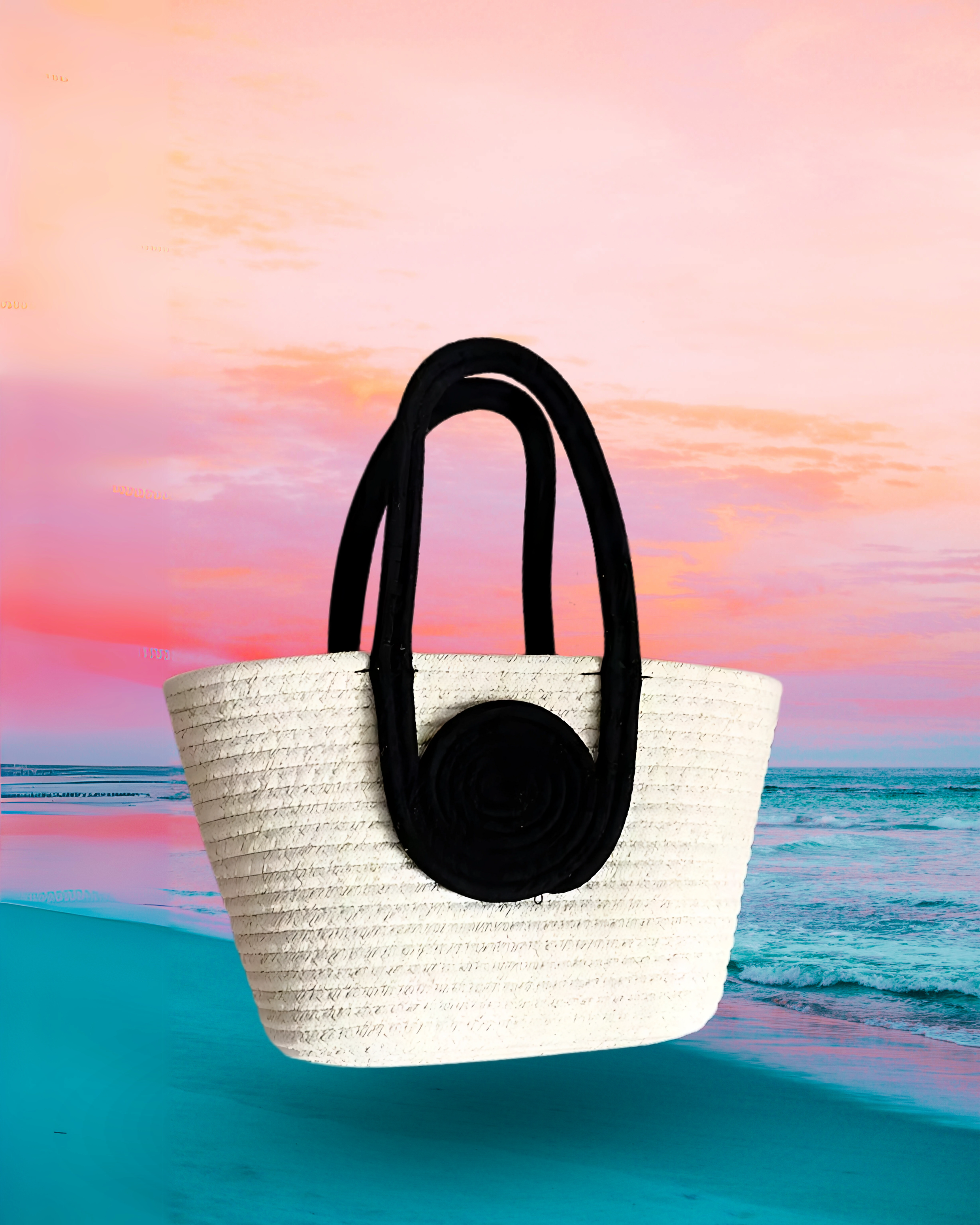 Wide trapezoid-shaped woven raffia tote bag in cream with oversized circular black handles that extend into long shoulder straps, featuring a bold contrast design.
