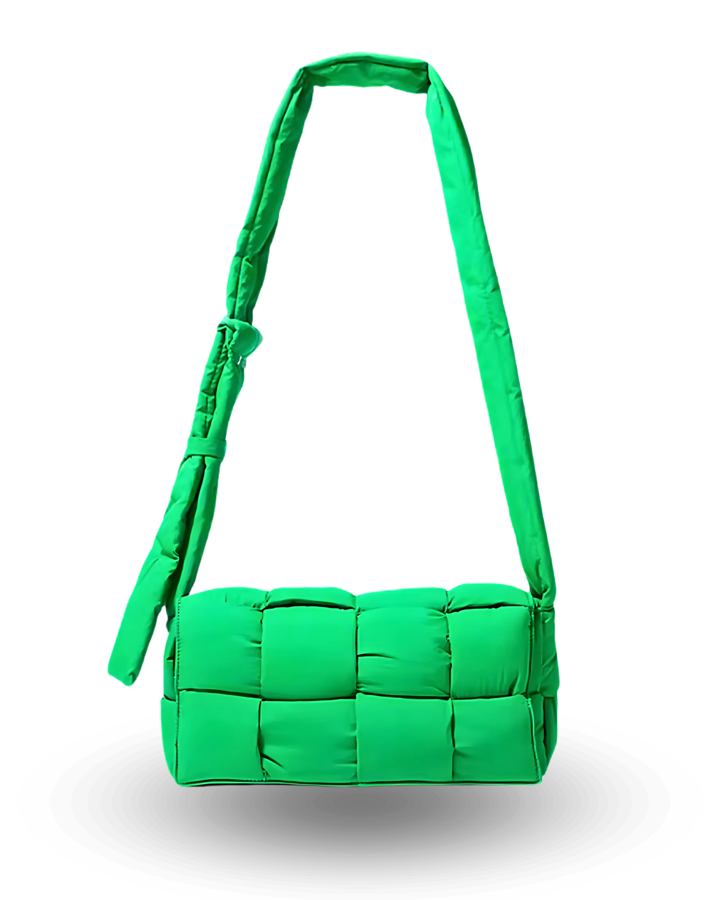 Green padded shoulder bag with quilted design, rectangular shape, and wide adjustable strap.